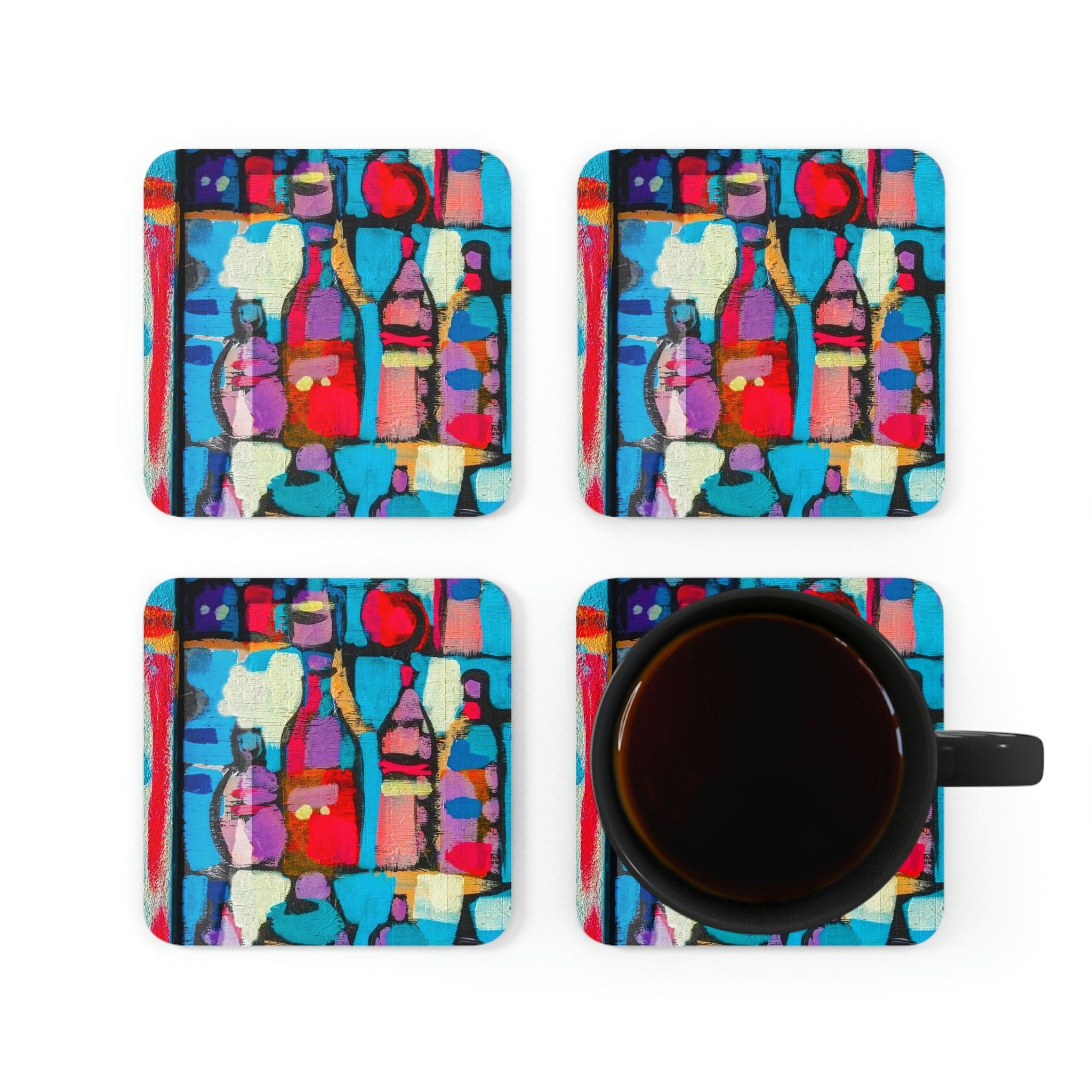 A stylish 4-piece coaster set with a high-gloss finish and cork backing, ideal for home or office use.