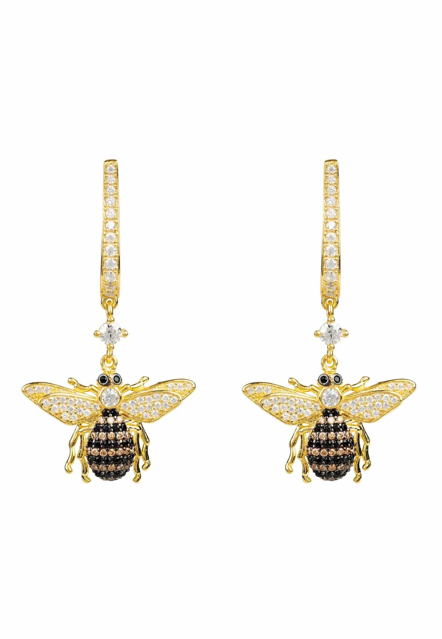 Elegant gold honey bee drop earrings featuring sparkling cubic zirconia, handcrafted from sterling silver.