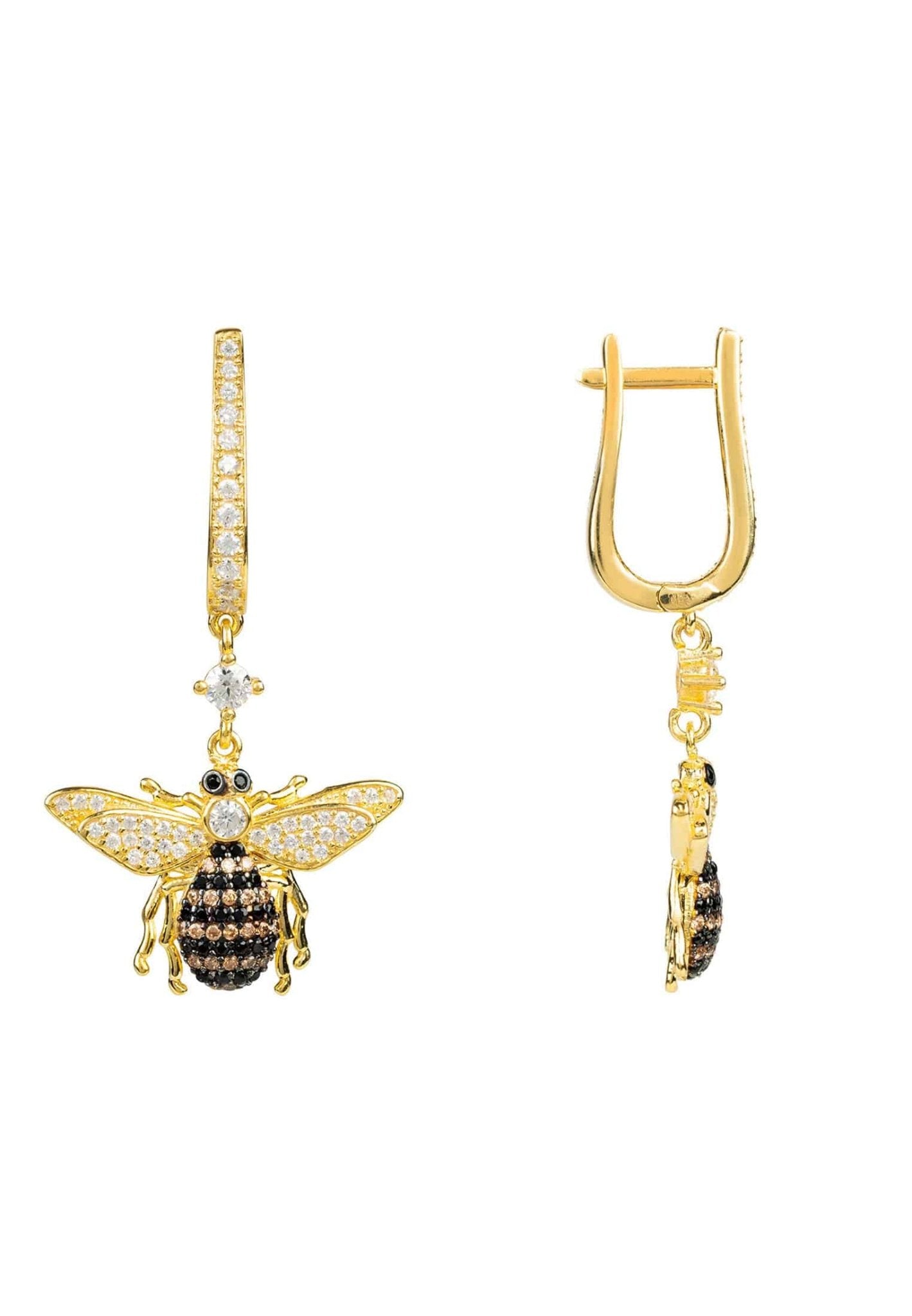 Elegant gold honey bee drop earrings featuring sparkling cubic zirconia, handcrafted from sterling silver.