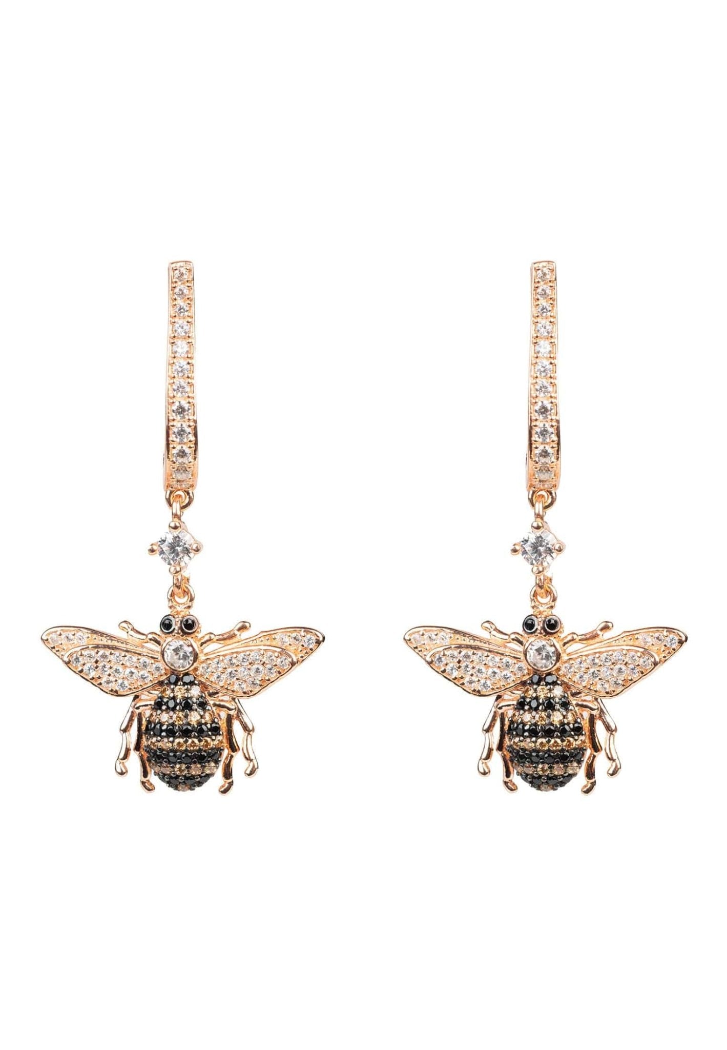 Elegant Honey Bee Drop Earrings in rosegold with cubic zirconia accents, showcasing intricate bee designs.