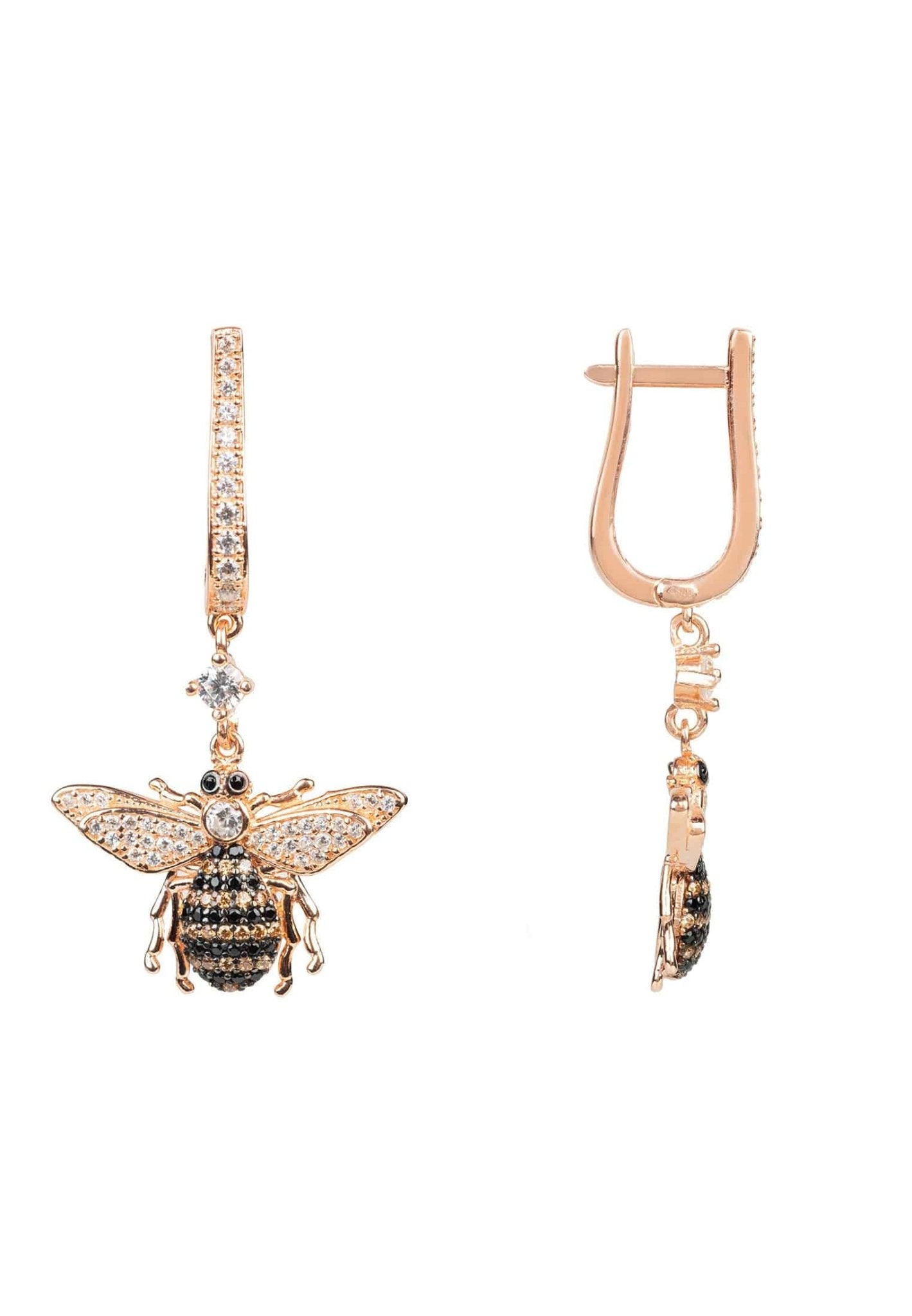 Elegant Honey Bee Drop Earrings in rosegold with cubic zirconia accents, showcasing intricate bee designs.