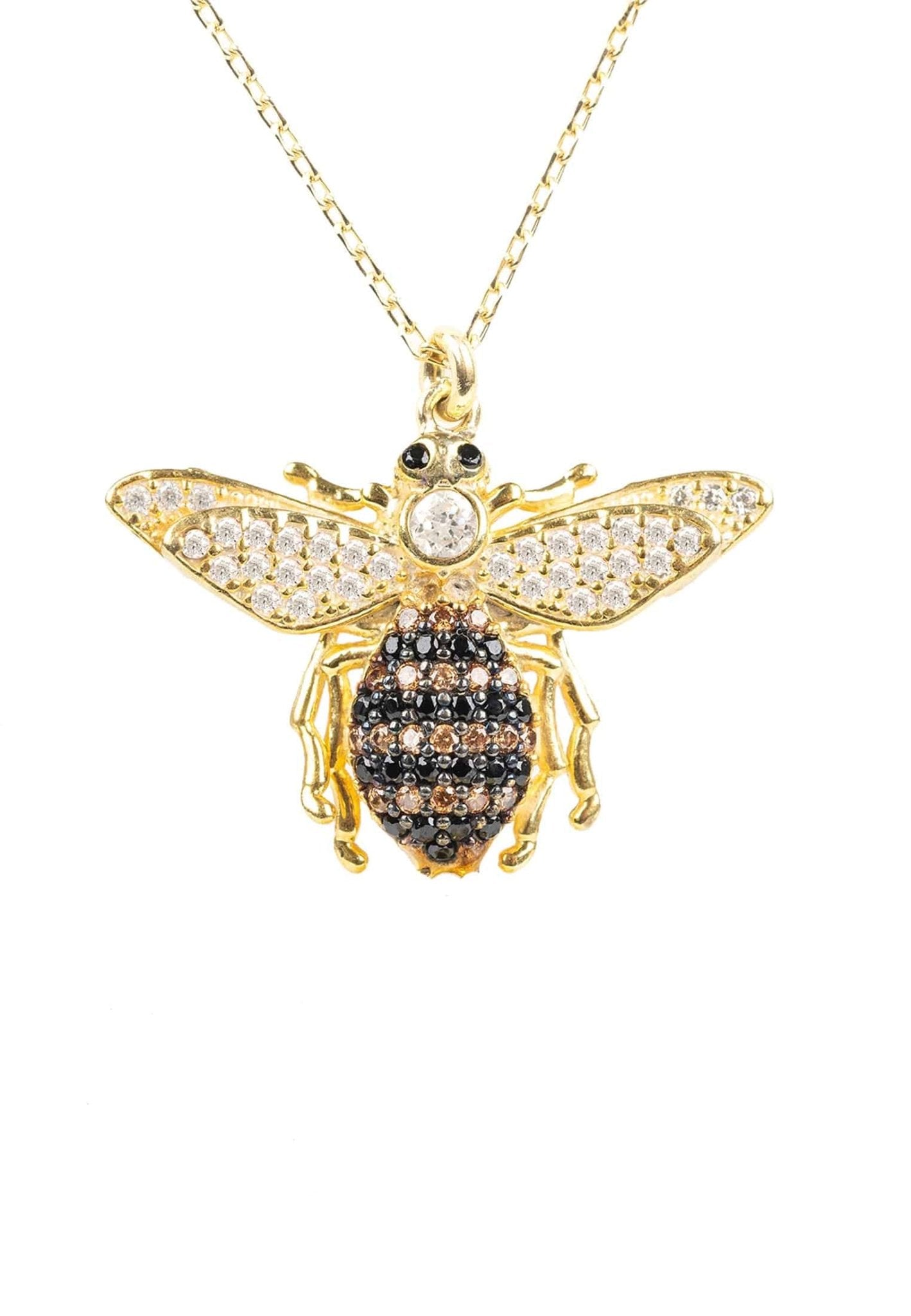 A beautiful gold honey bee pendant necklace, handcrafted from sterling silver and adorned with sparkling zircons, showcasing a playful bee charm.