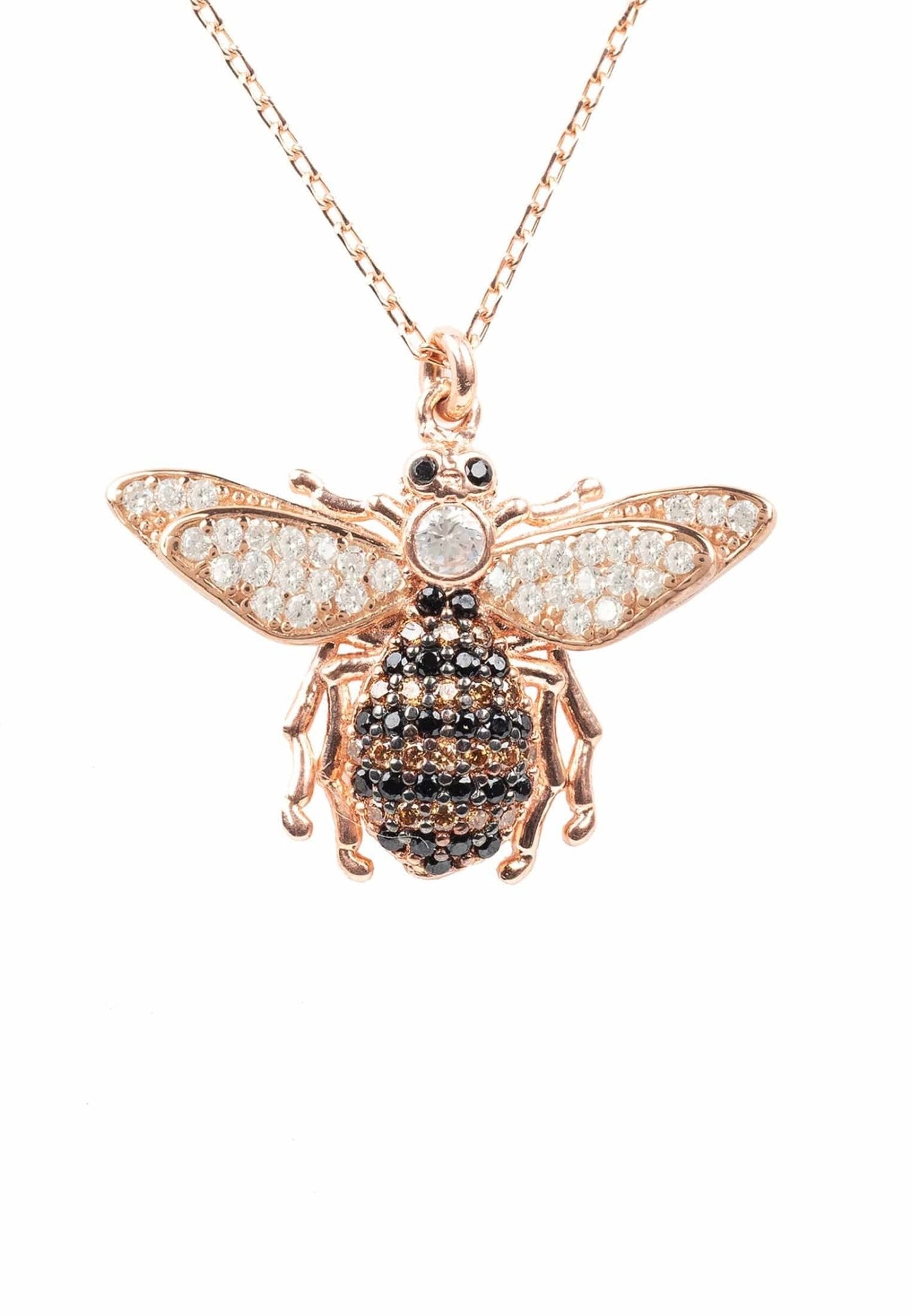 A beautiful rose gold honey bee pendant necklace featuring sparkling white, champagne, and black zircons, elegantly displayed on a white background.