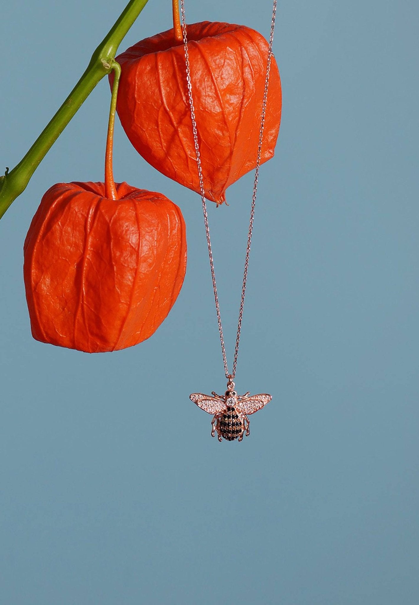 A beautiful rose gold honey bee pendant necklace featuring sparkling white, champagne, and black zircons, elegantly displayed on a white background.