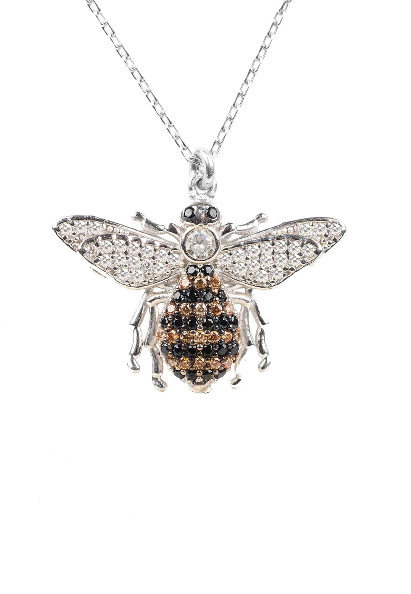 A beautiful silver honey bee pendant necklace featuring sparkling zircons, showcasing a playful bee design on an adjustable chain.