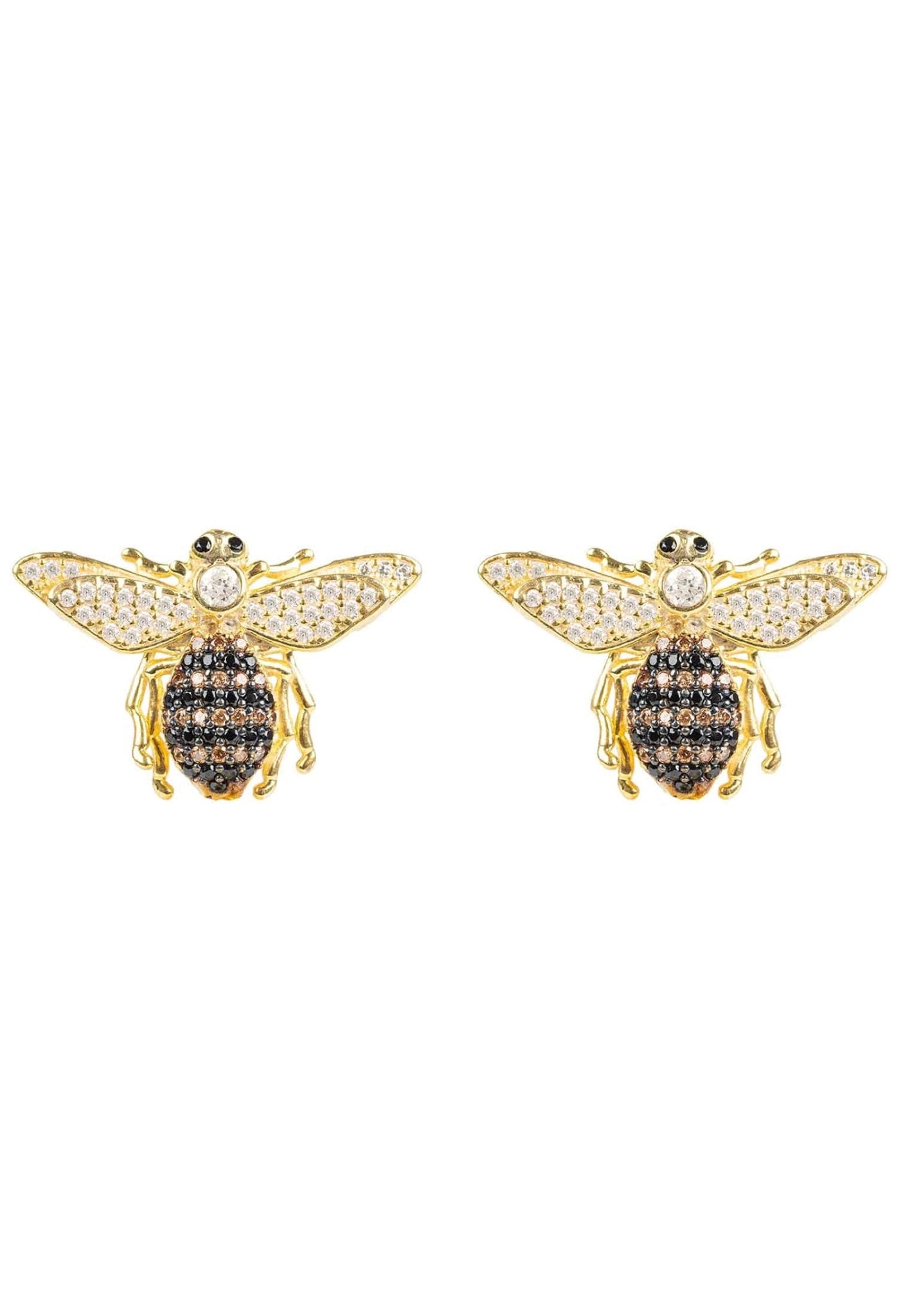 A pair of elegant Honey Bee Stud Earrings made from sterling silver, dipped in 22ct gold, featuring sparkling zircons and a cute bee charm.