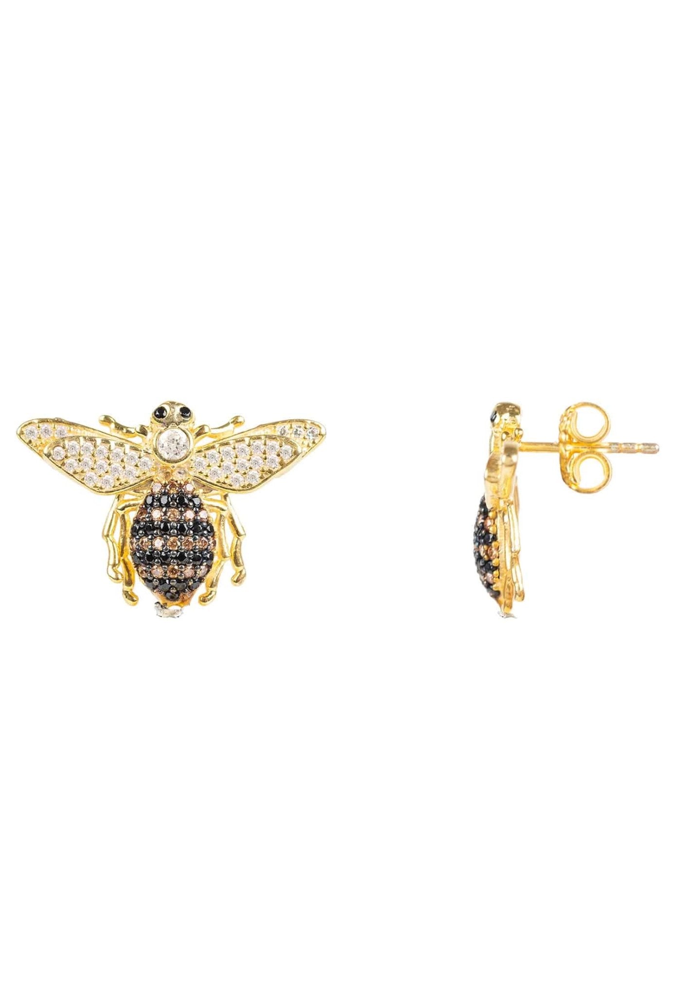 A pair of elegant Honey Bee Stud Earrings made from sterling silver, dipped in 22ct gold, featuring sparkling zircons and a cute bee charm.