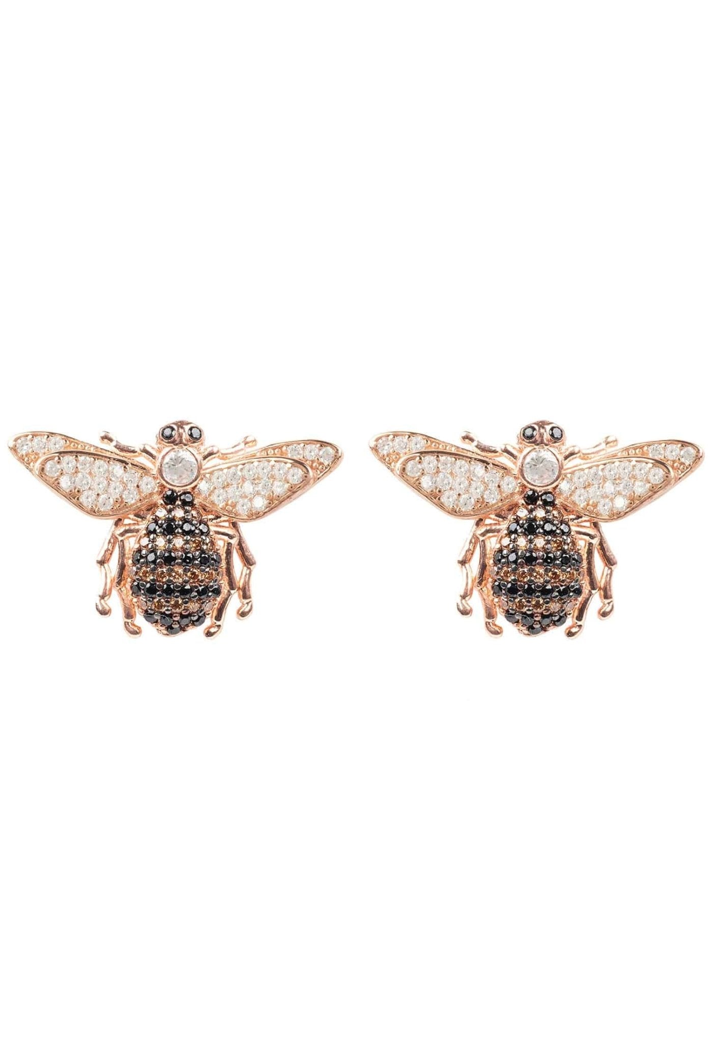 A pair of handcrafted honey bee stud earrings in rosegold, featuring champagne, black, and white zirconia detailing.