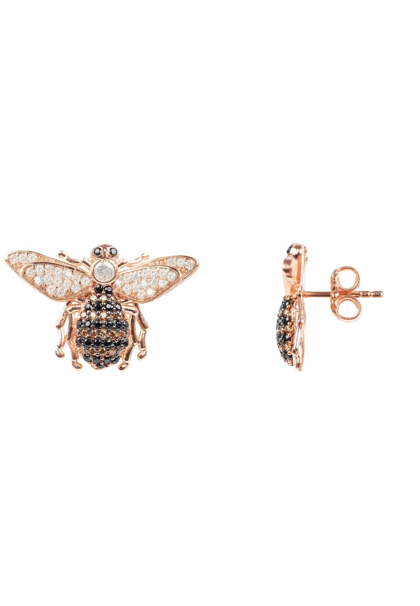 A pair of handcrafted honey bee stud earrings in rosegold, featuring champagne, black, and white zirconia detailing.