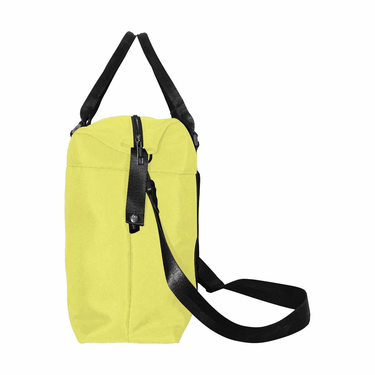 Honeysuckle Yellow Duffel Bag with adjustable strap and metal button closure, showcasing its spacious interior and durable oxford fabric.