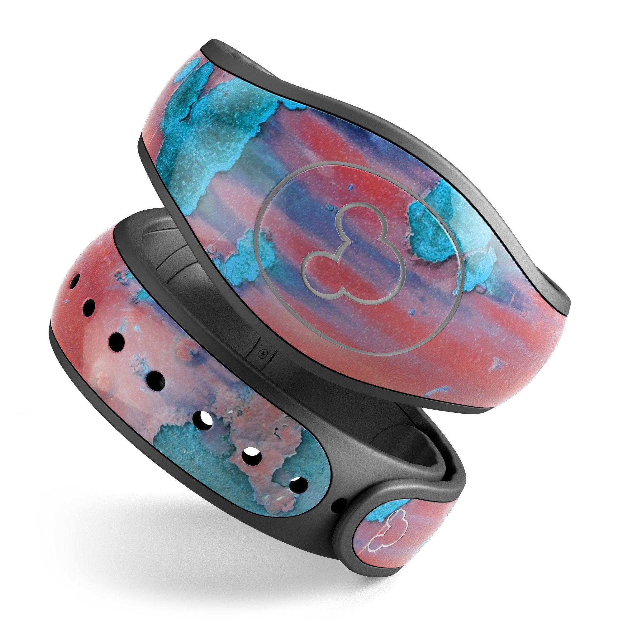 Hot Coral Metal and Turquoise Rust decal skin wrap kit for Disney Magic Band, showcasing vibrant colors and a stylish design.