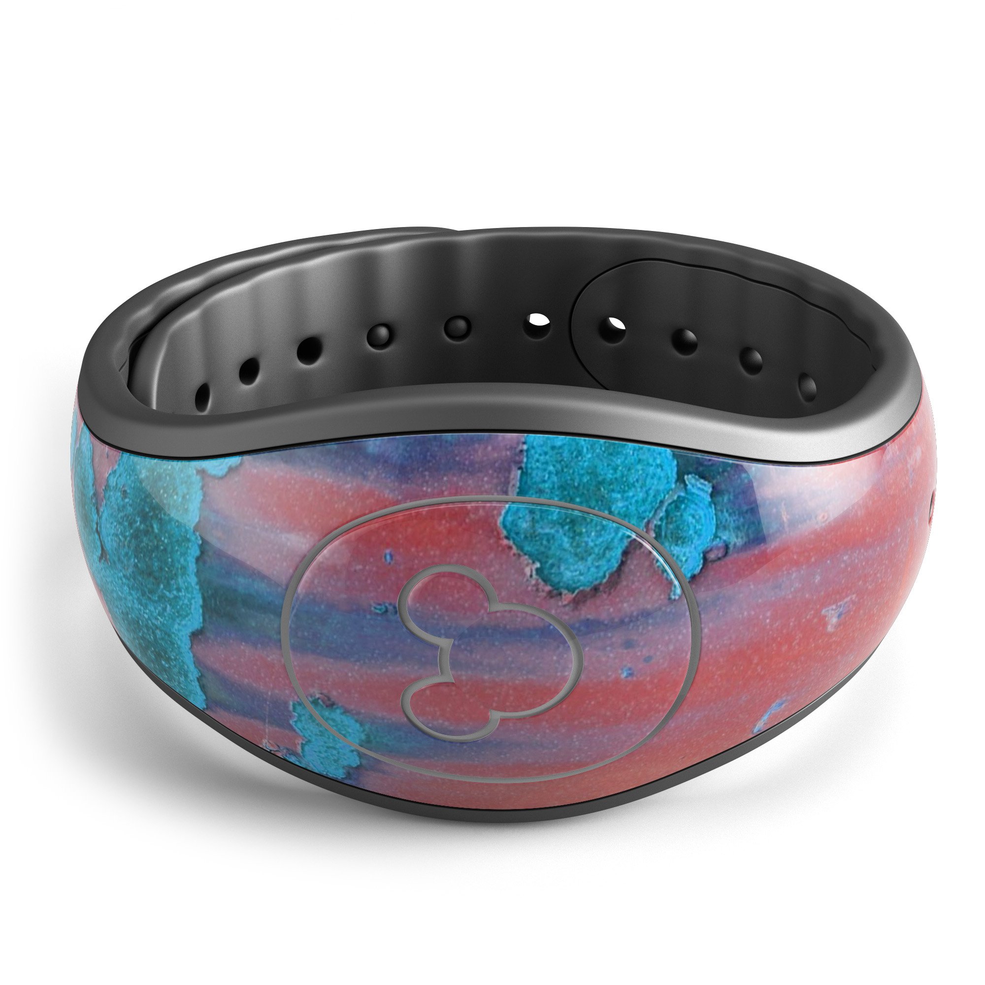 Hot Coral Metal and Turquoise Rust decal skin wrap kit for Disney Magic Band, showcasing vibrant colors and a stylish design.