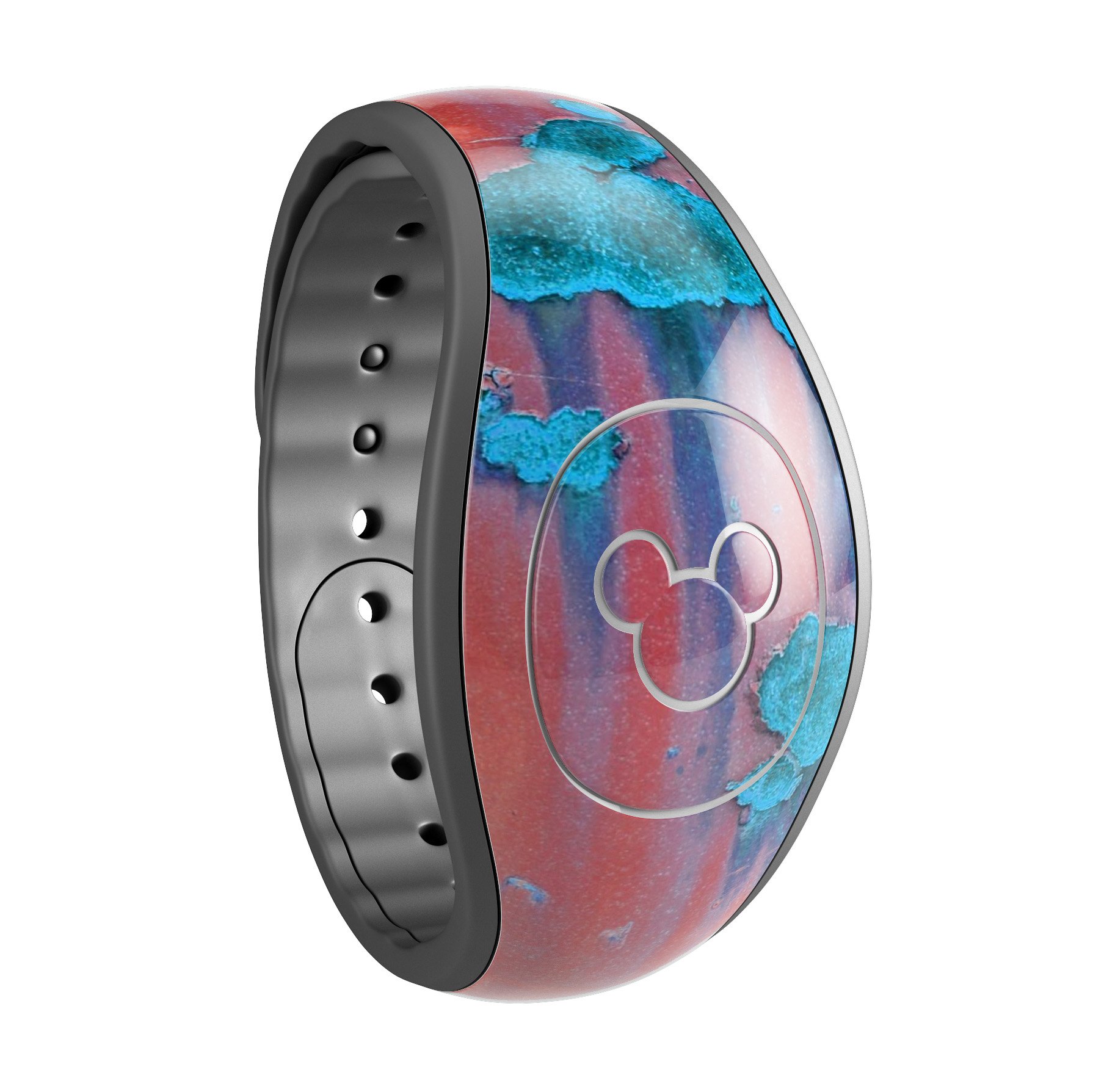 Hot Coral Metal and Turquoise Rust decal skin wrap kit for Disney Magic Band, showcasing vibrant colors and a stylish design.