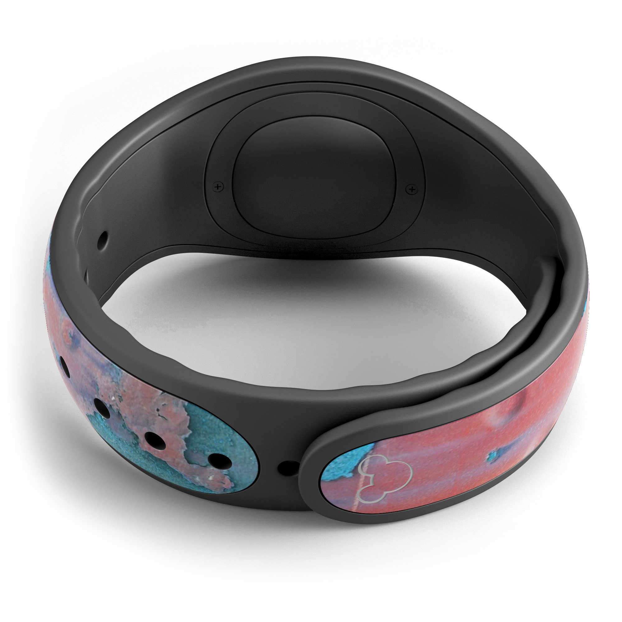 Hot Coral Metal and Turquoise Rust decal skin wrap kit for Disney Magic Band, showcasing vibrant colors and a stylish design.