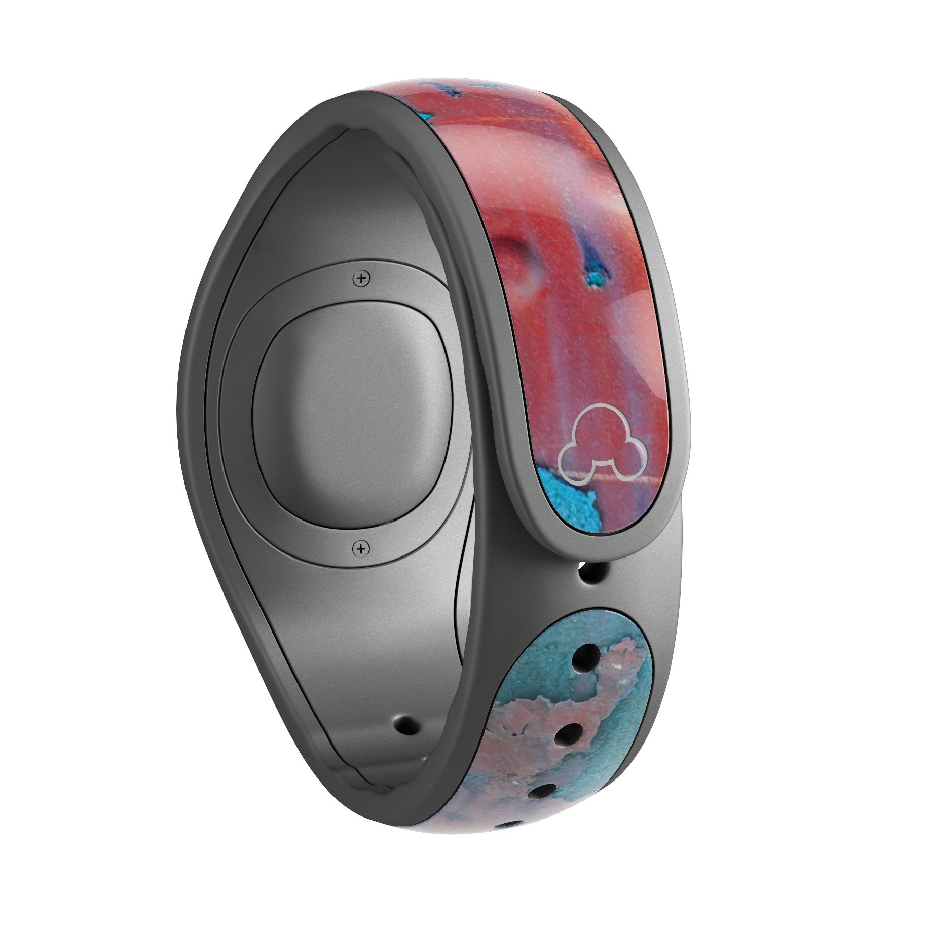 Hot Coral Metal and Turquoise Rust decal skin wrap kit for Disney Magic Band, showcasing vibrant colors and a stylish design.