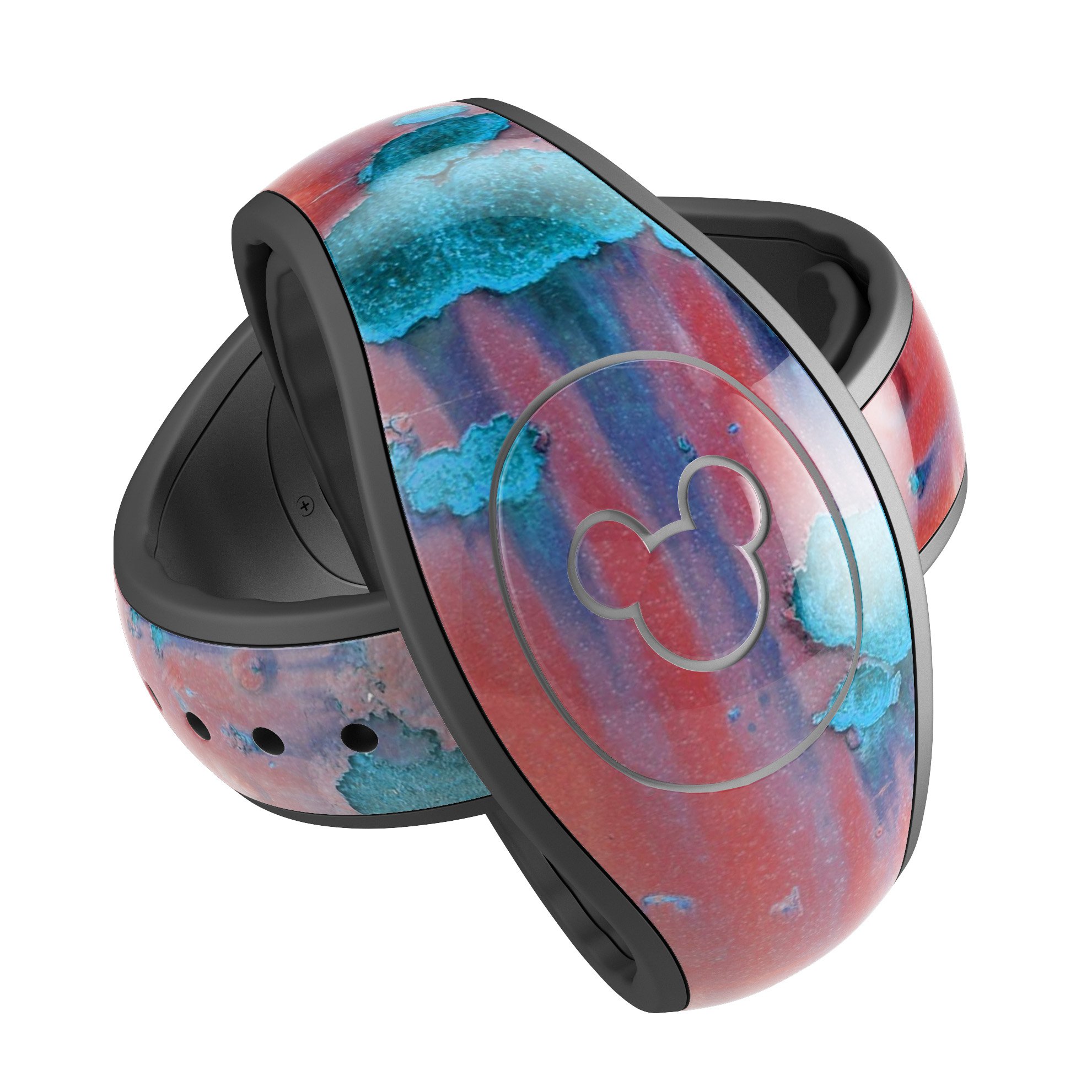 Hot Coral Metal and Turquoise Rust decal skin wrap kit for Disney Magic Band, showcasing vibrant colors and a stylish design.