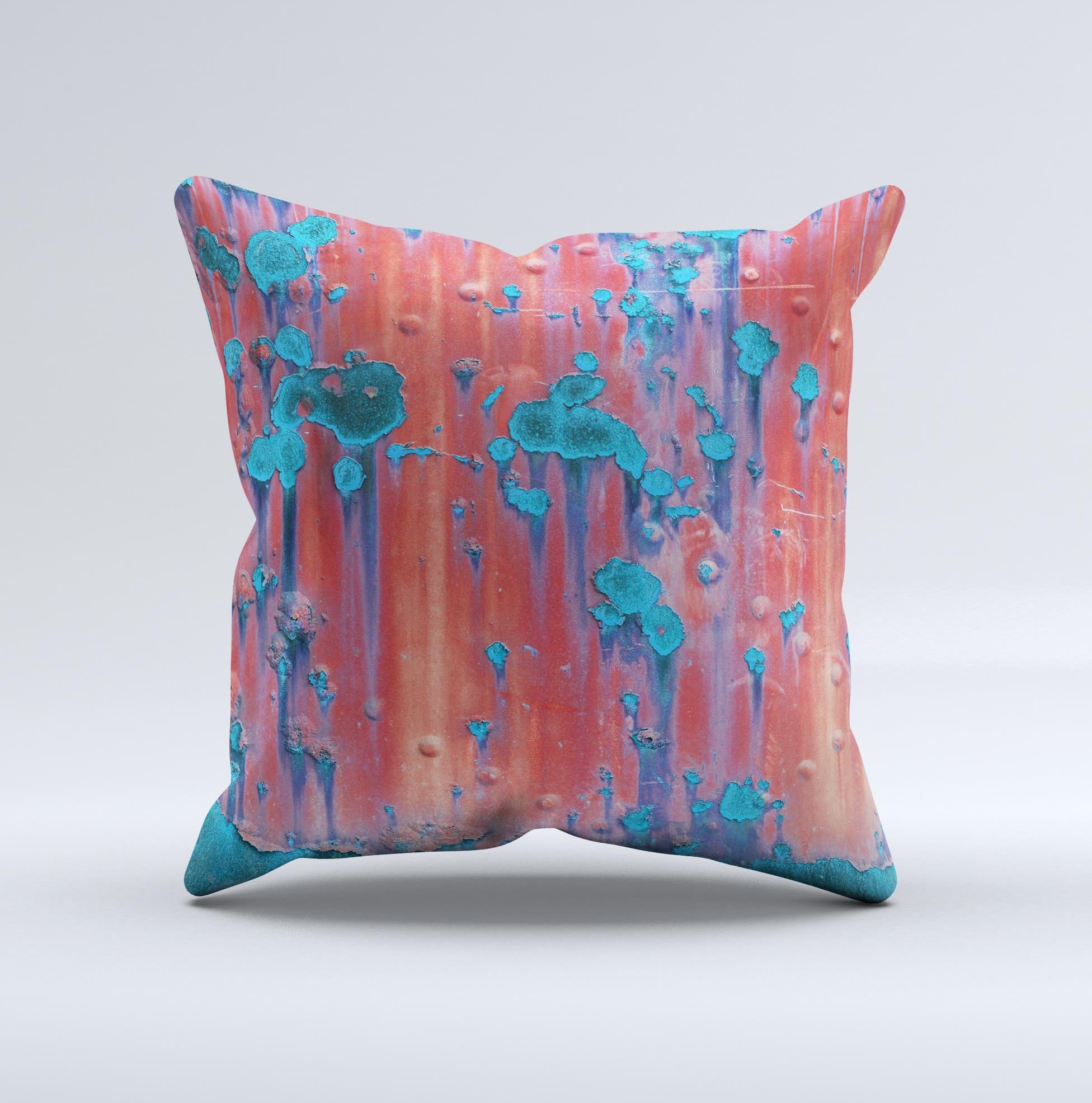 Hot Coral Metal with Turquoise Rust decorative throw pillow, showcasing vibrant colors and unique handcrafted design.