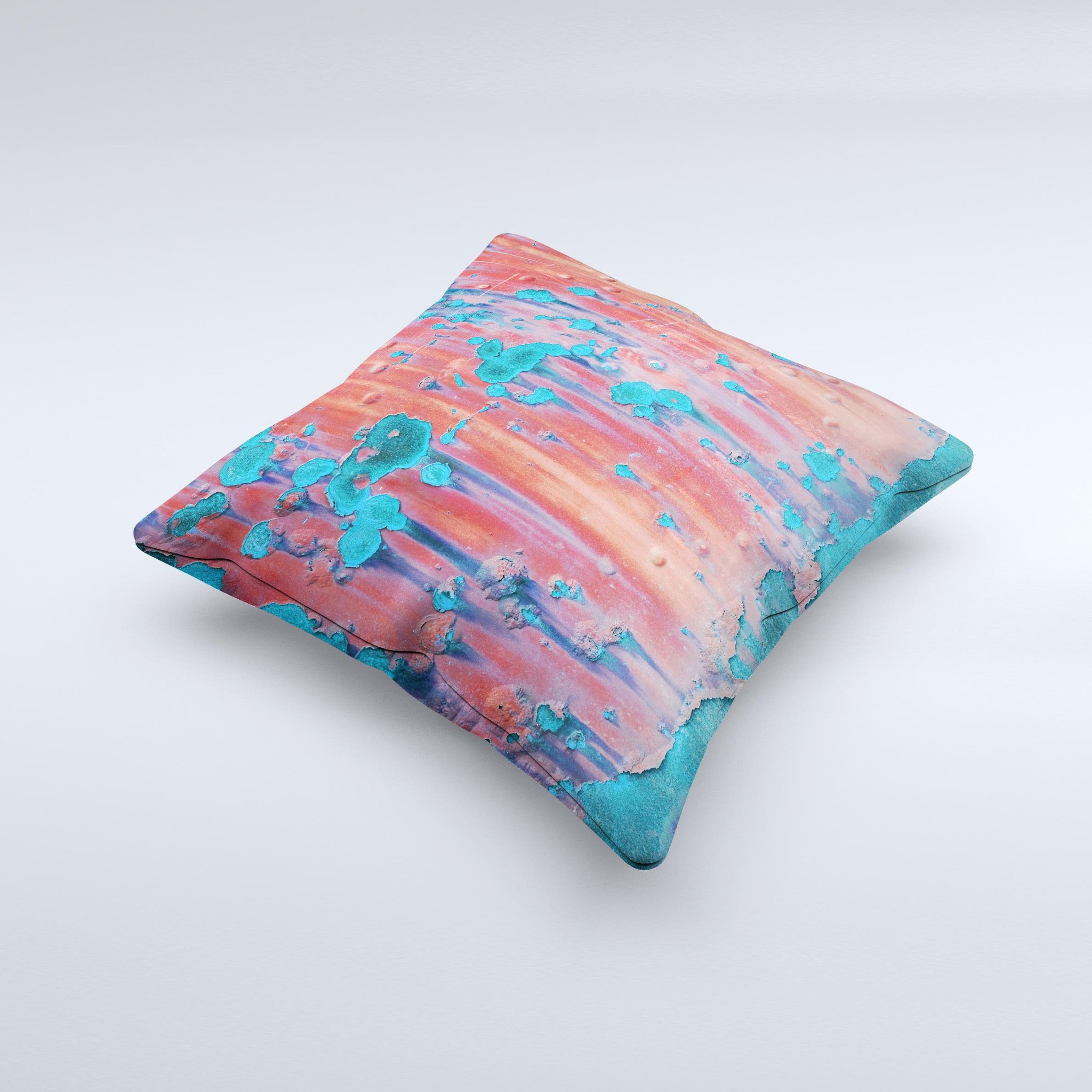 Hot Coral Metal with Turquoise Rust decorative throw pillow, showcasing vibrant colors and unique handcrafted design.