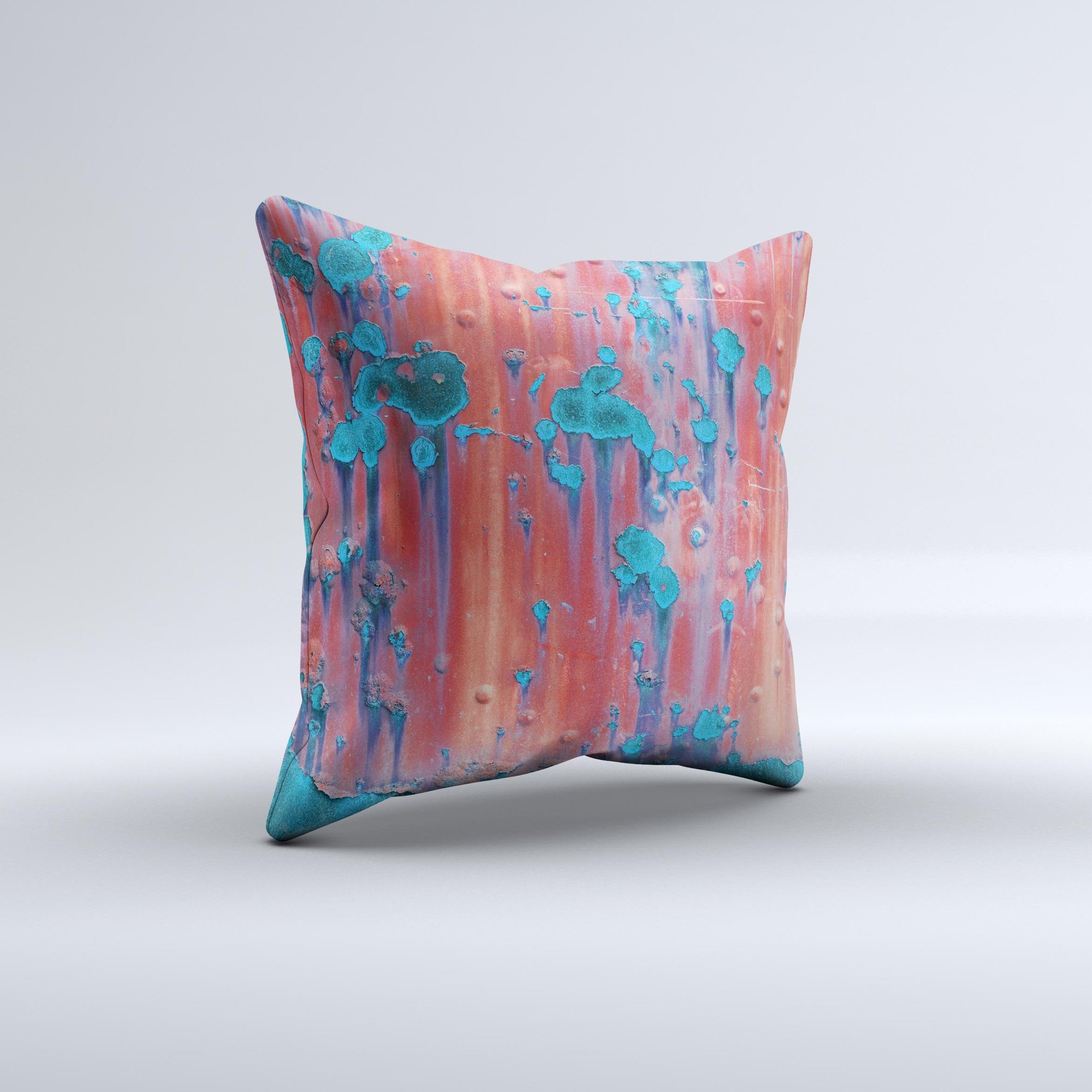 Hot Coral Metal with Turquoise Rust decorative throw pillow, showcasing vibrant colors and unique handcrafted design.