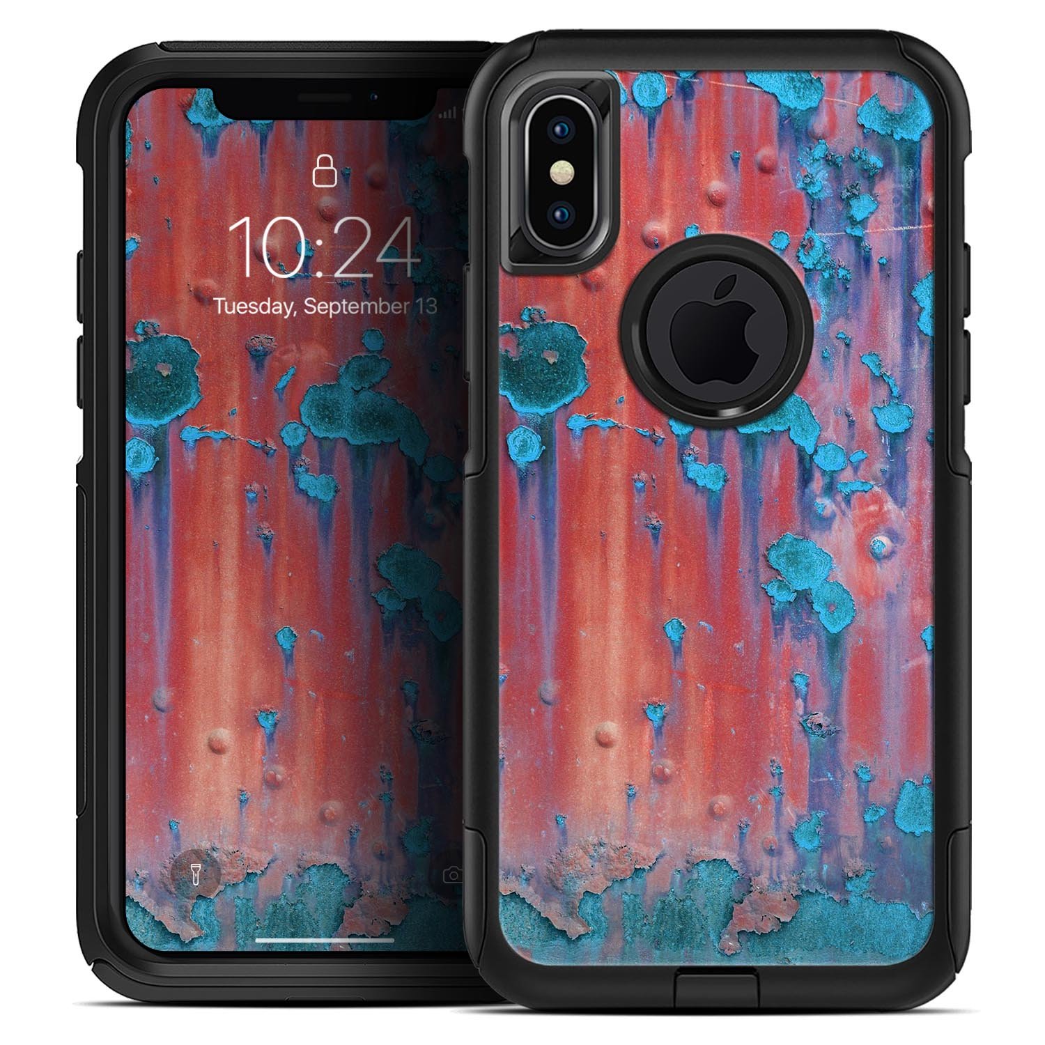 Hot Coral Metal Skin Kit with Turquoise Rust design for iPhone OtterBox, showcasing vibrant colors and premium quality.