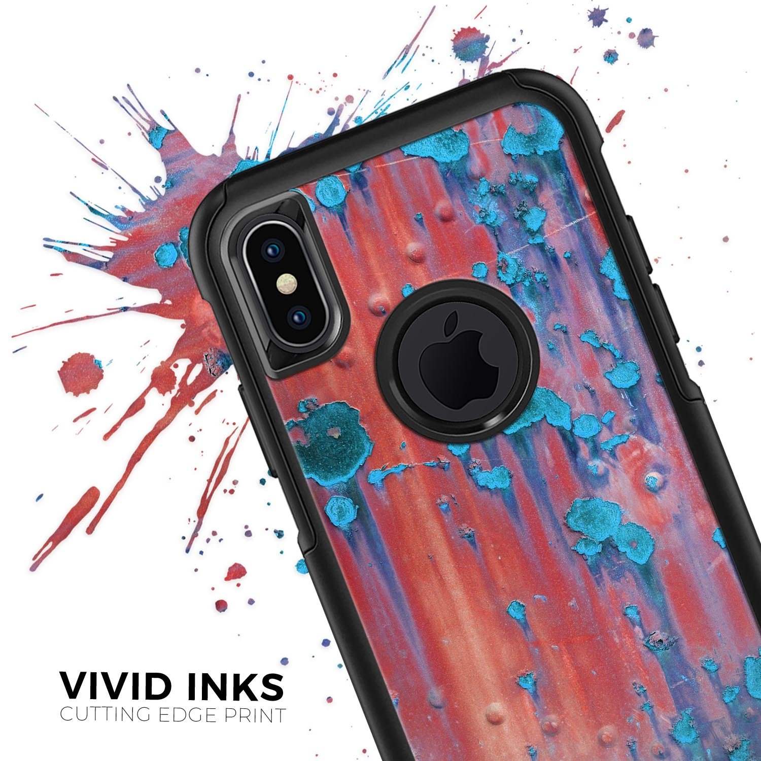 Hot Coral Metal Skin Kit with Turquoise Rust design for iPhone OtterBox, showcasing vibrant colors and premium quality.