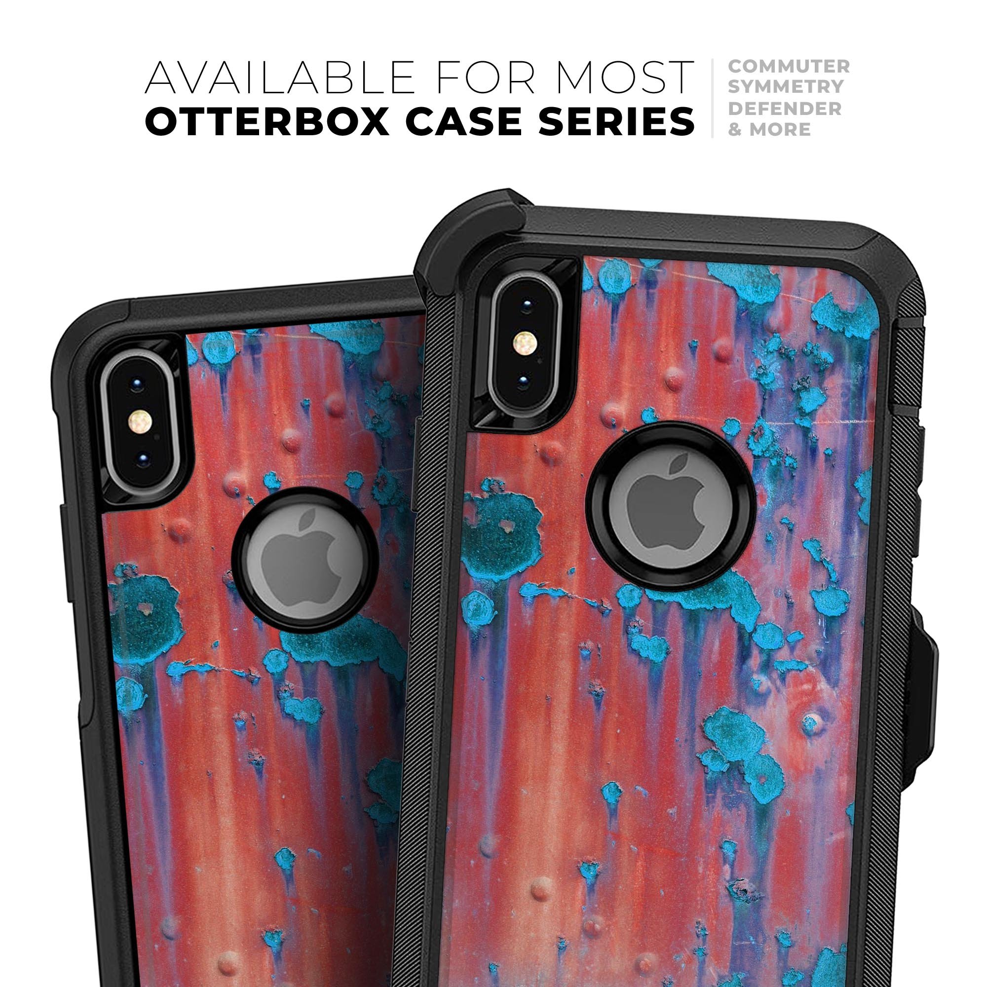 Hot Coral Metal Skin Kit with Turquoise Rust design for iPhone OtterBox, showcasing vibrant colors and premium quality.