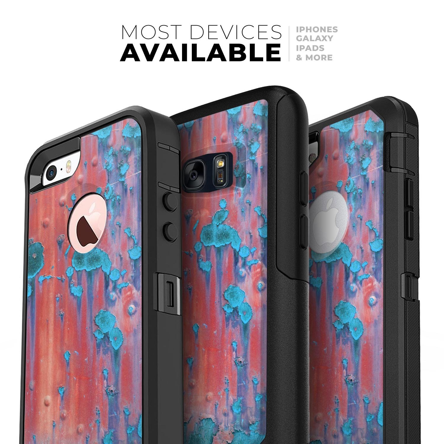 Hot Coral Metal Skin Kit with Turquoise Rust design for iPhone OtterBox, showcasing vibrant colors and premium quality.