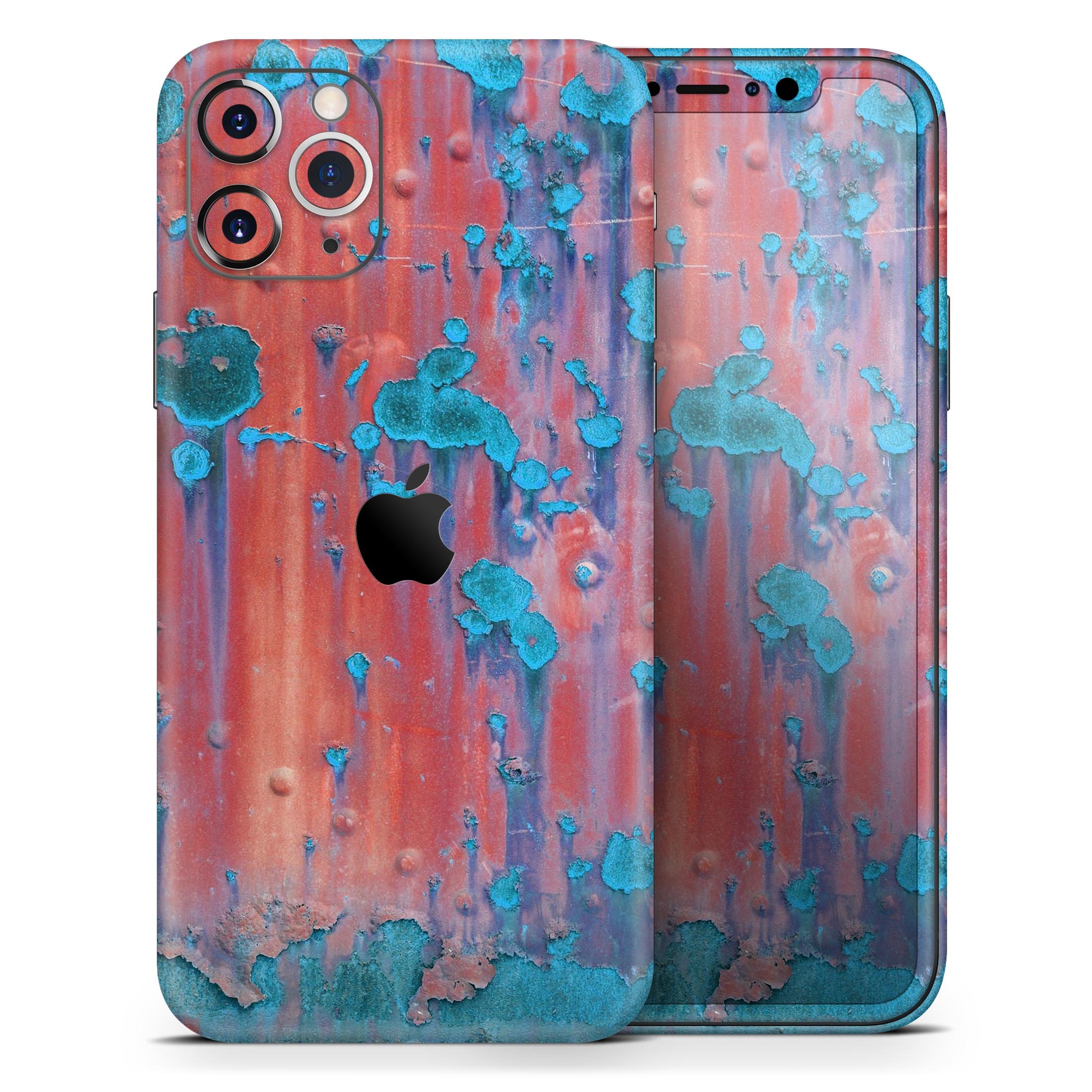 Hot Coral Metal with Turquoise Rust skin for iPhone 11, showcasing vibrant colors and a sleek design.