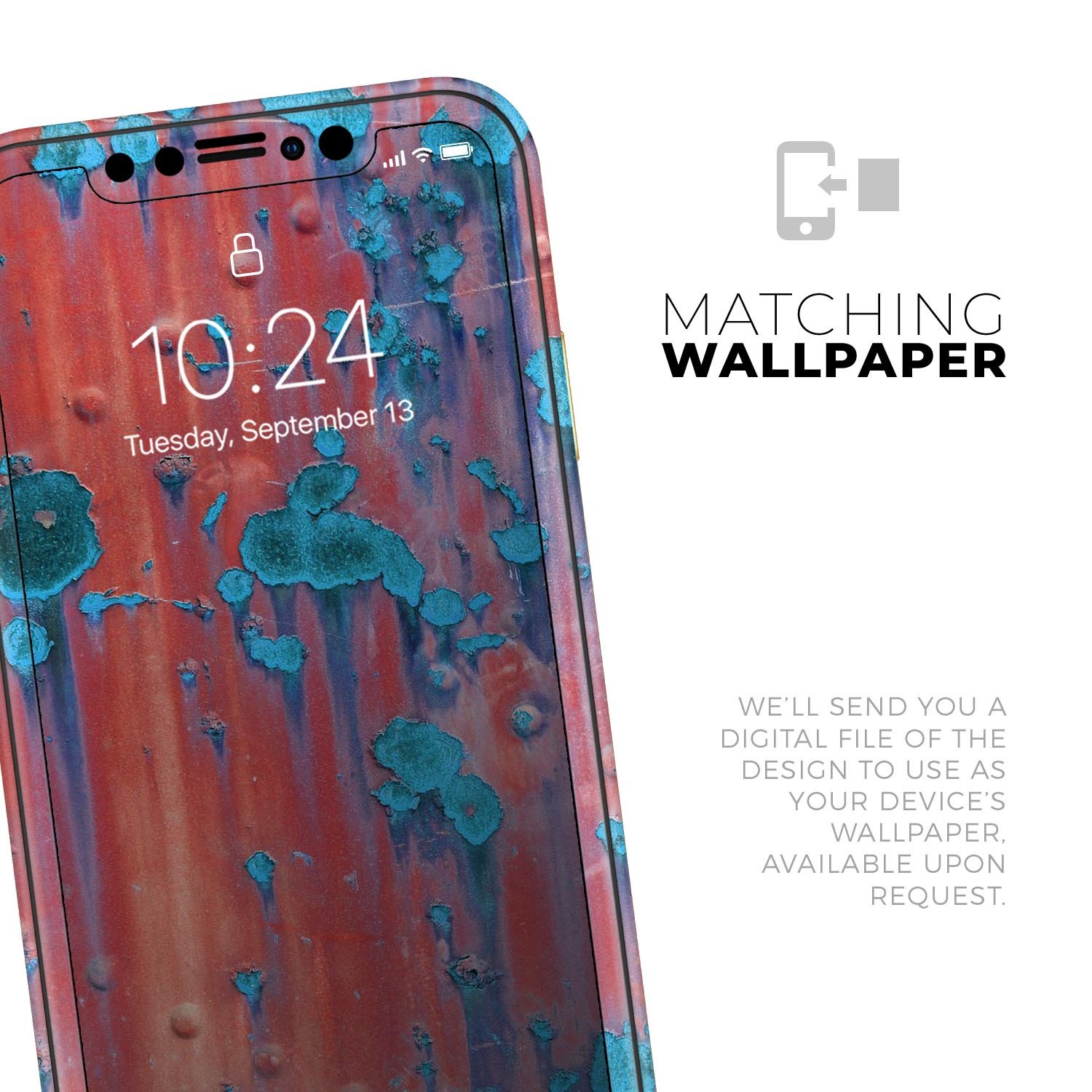 Hot Coral Metal with Turquoise Rust skin for iPhone 11, showcasing vibrant colors and a sleek design.