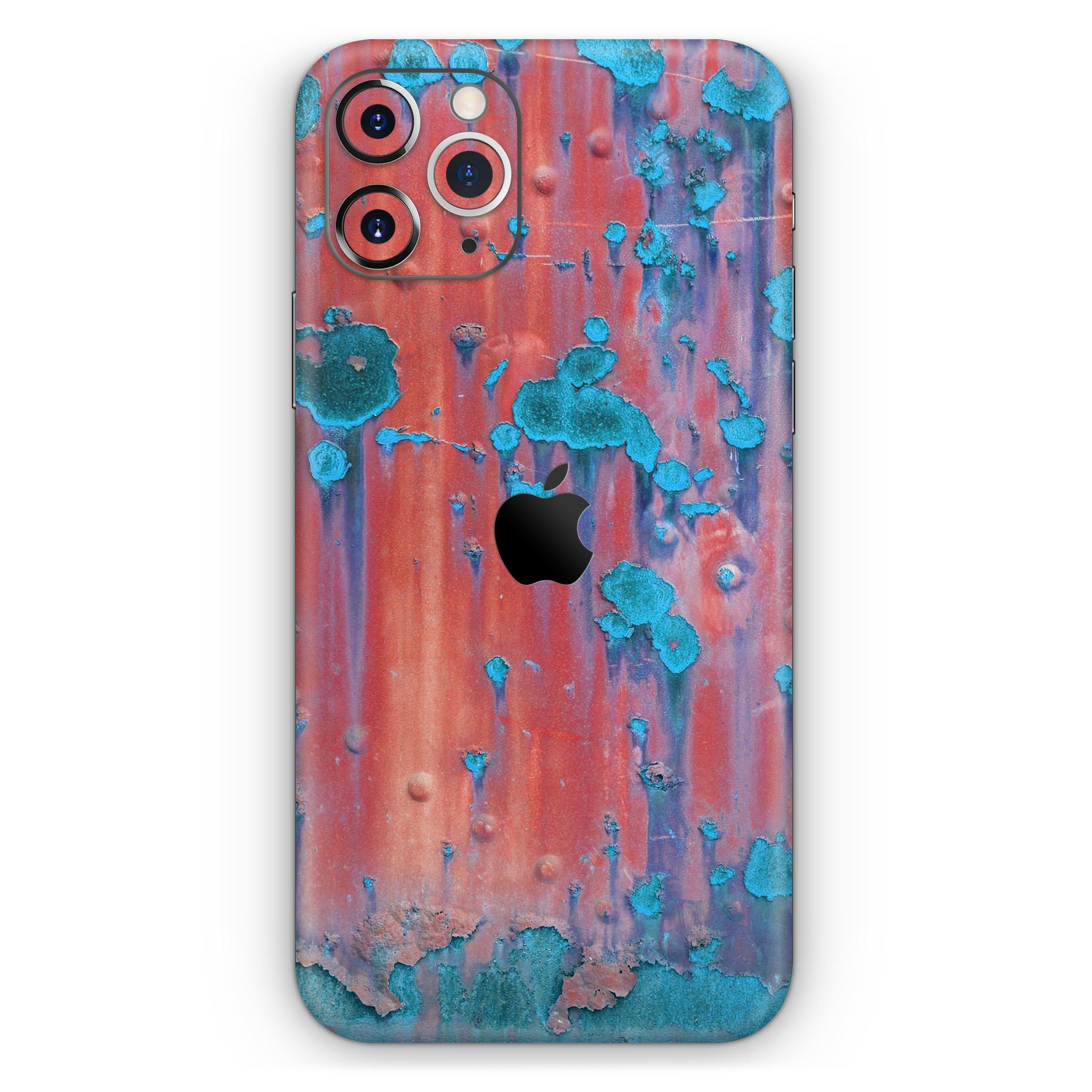 Hot Coral Metal with Turquoise Rust skin for iPhone 11, showcasing vibrant colors and a sleek design.