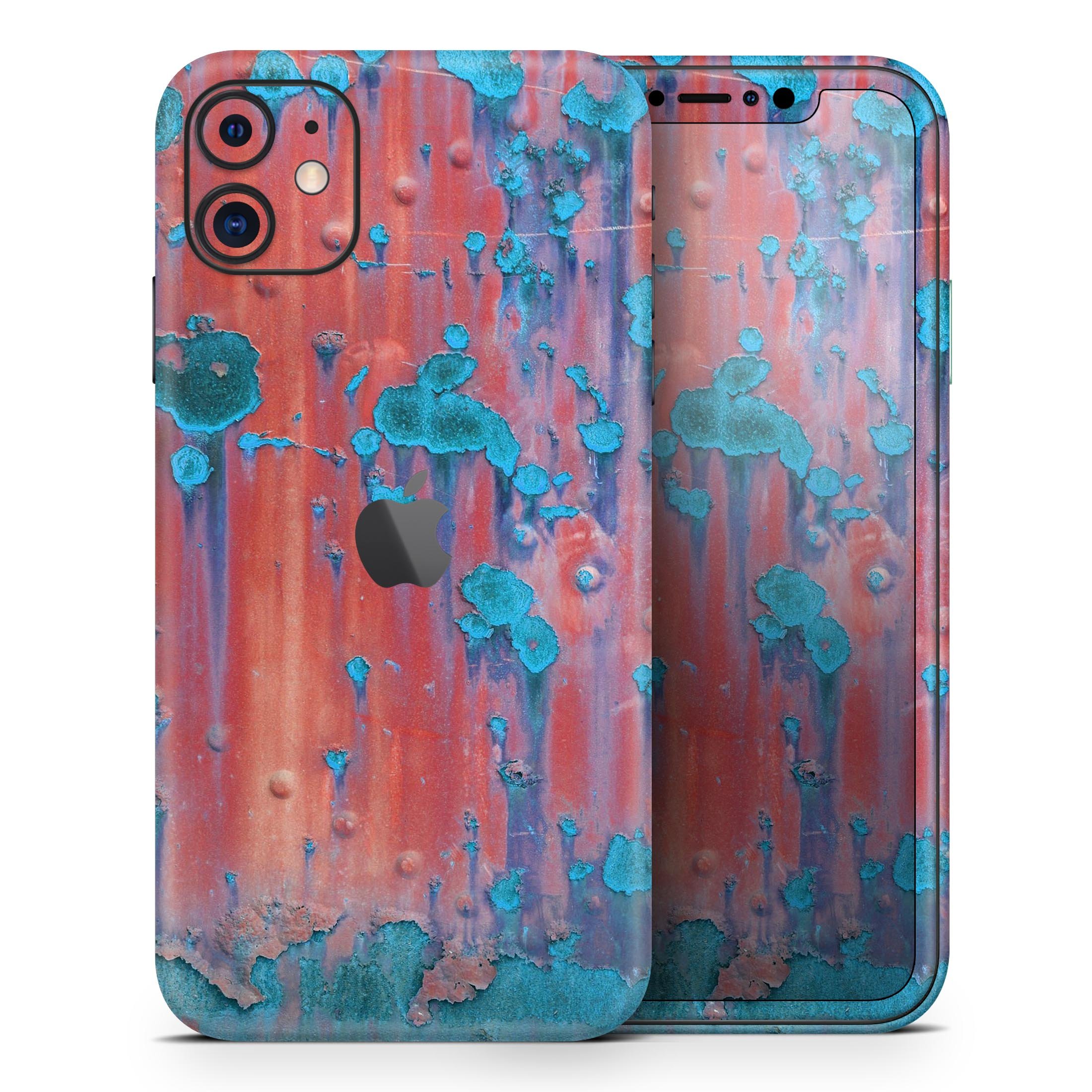 Hot Coral Metal with Turquoise Rust skin for iPhone 11, showcasing vibrant colors and a sleek design.