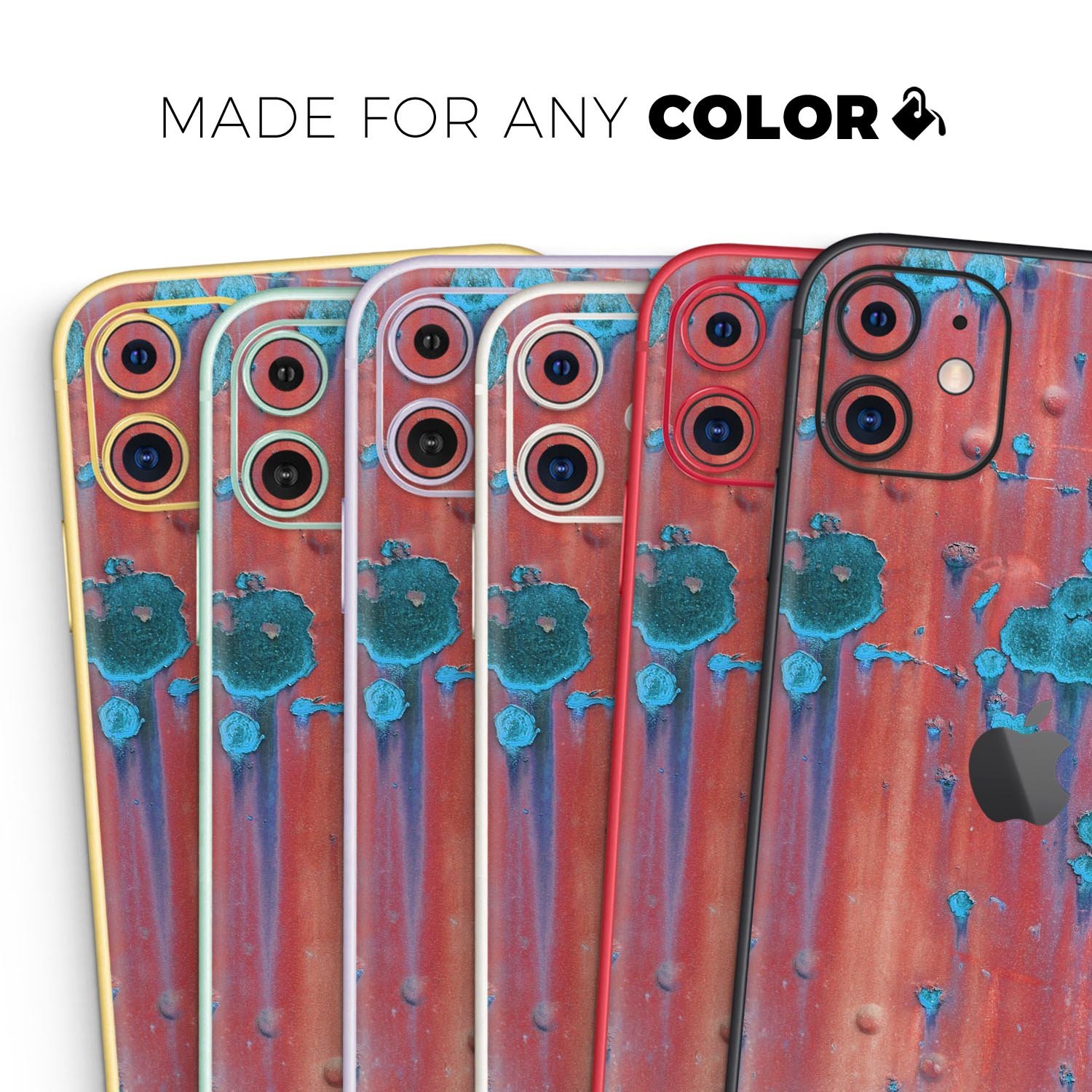 Hot Coral Metal with Turquoise Rust skin for iPhone 11, showcasing vibrant colors and a sleek design.