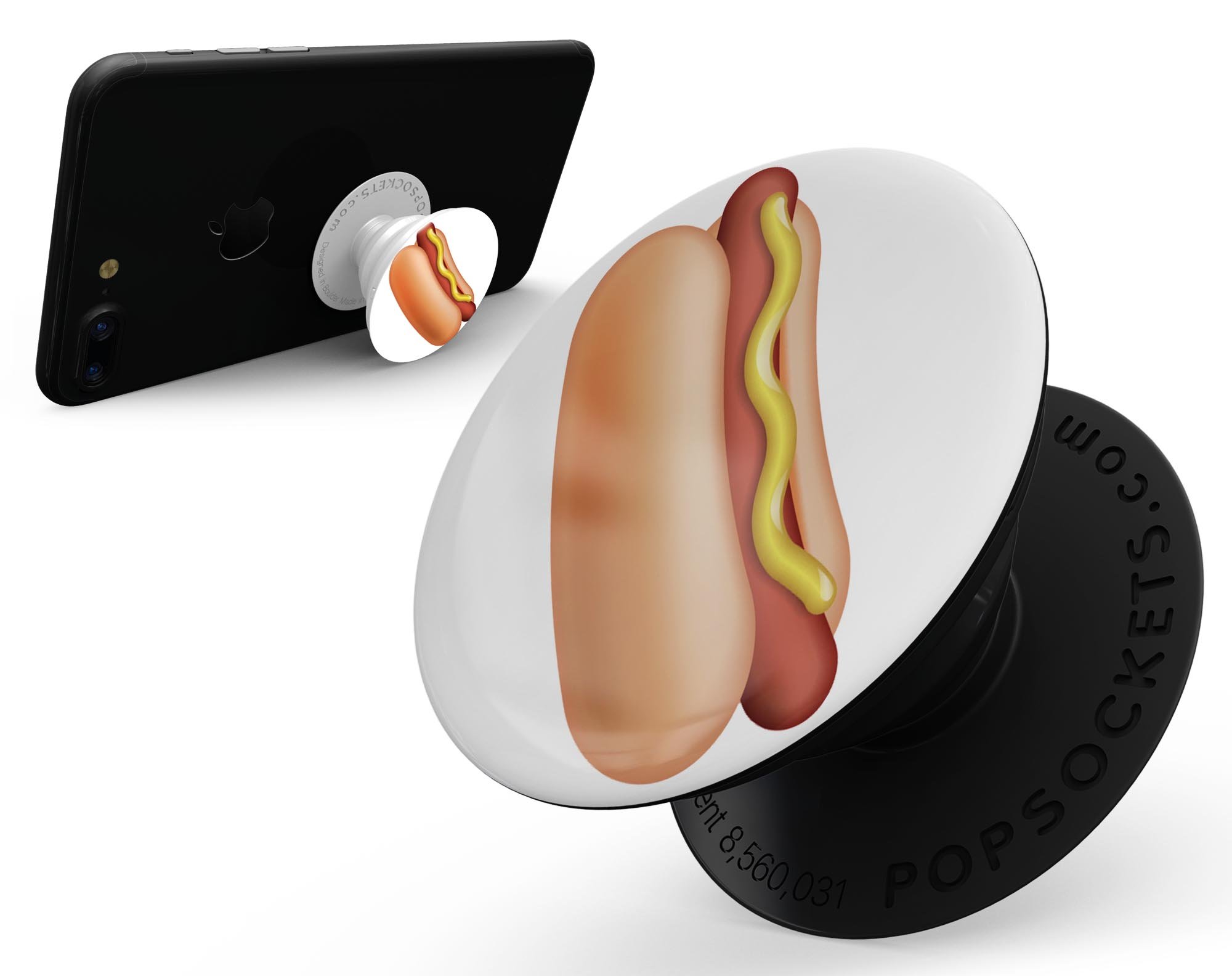 Hot Dog Emoticon Emoji Skin Kit for PopSockets, featuring a vibrant hot dog design on a premium vinyl material.