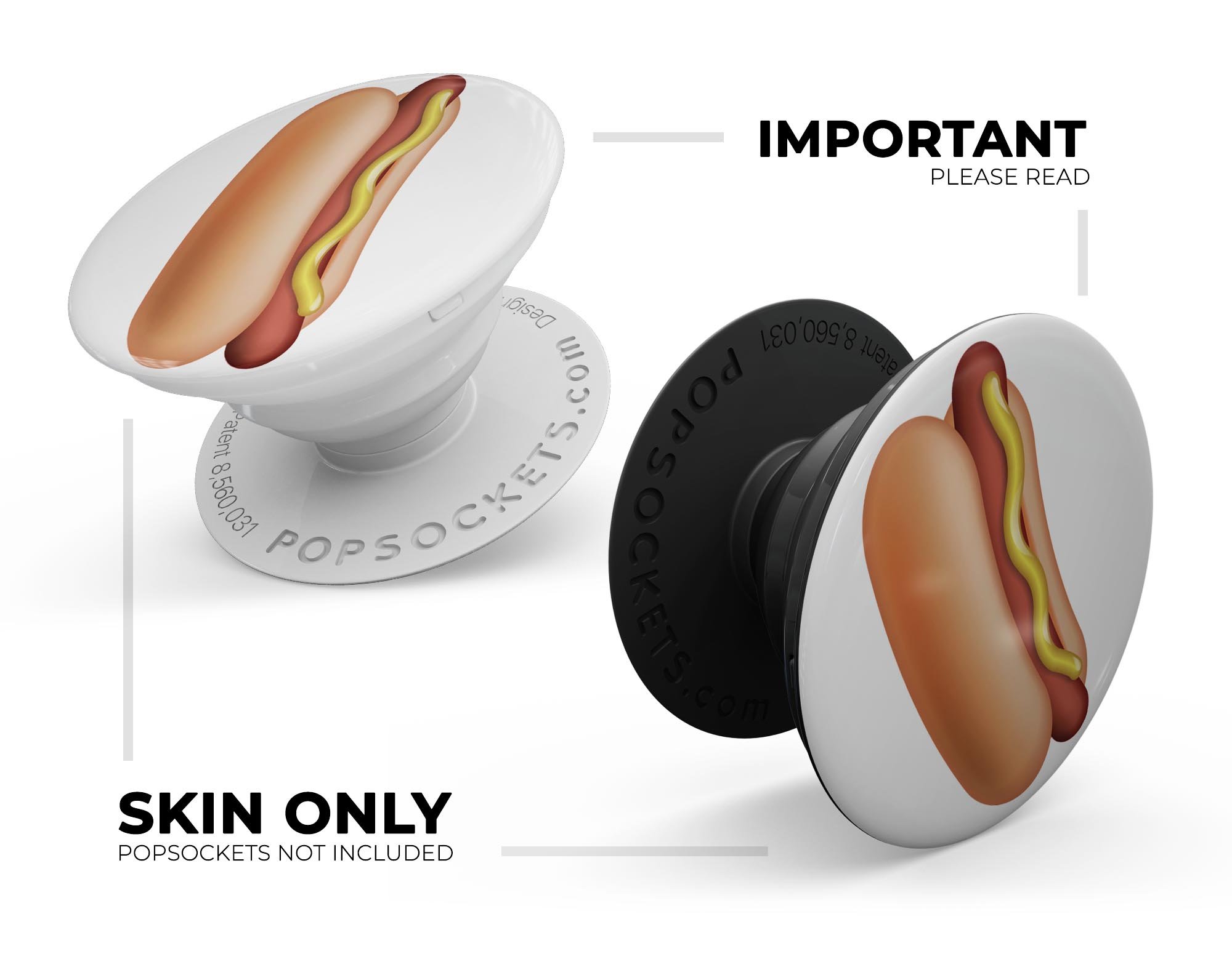 Hot Dog Emoticon Emoji Skin Kit for PopSockets, featuring a vibrant hot dog design on a premium vinyl material.