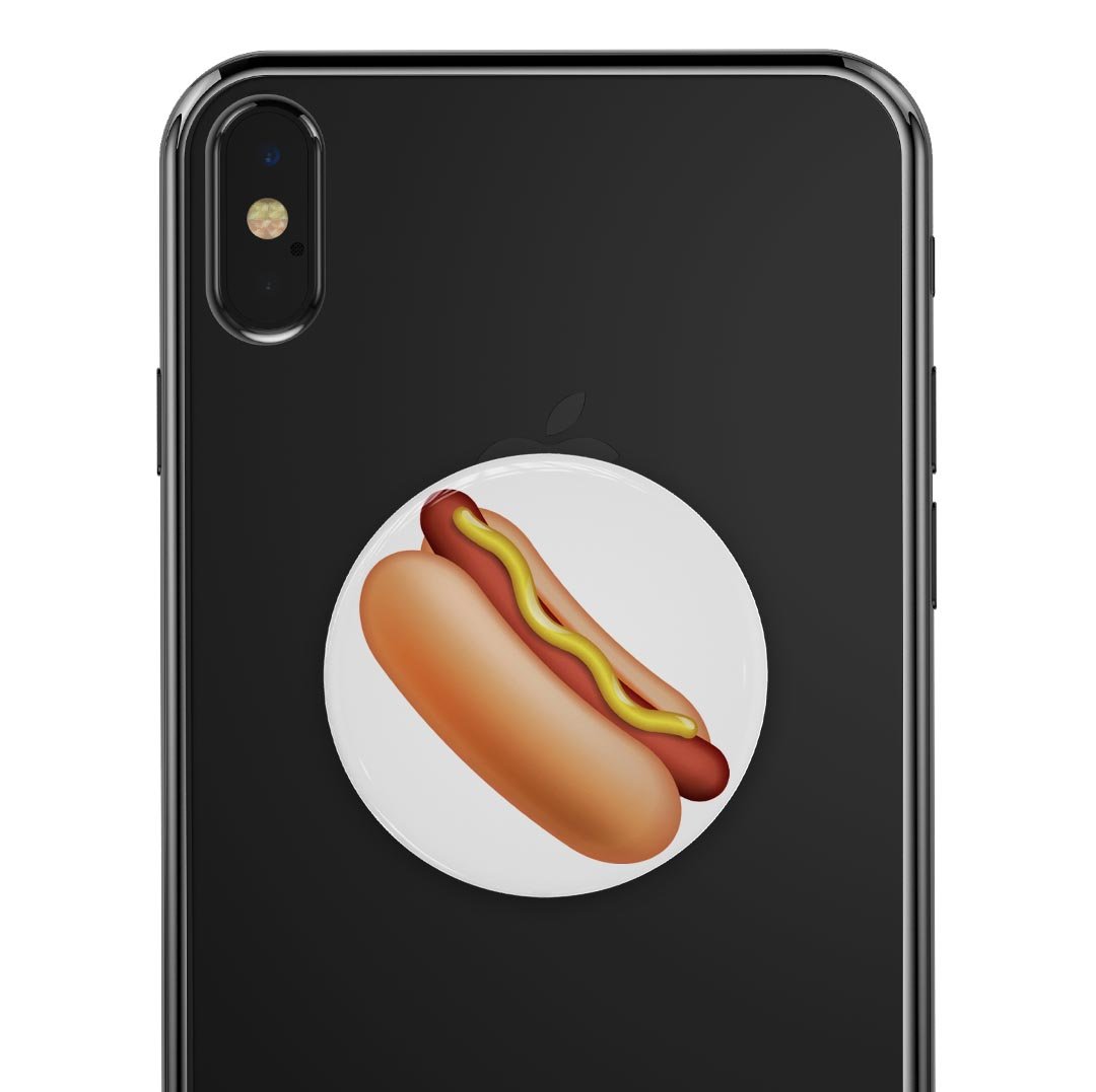 Hot Dog Emoticon Emoji Skin Kit for PopSockets, featuring a vibrant hot dog design on a premium vinyl material.