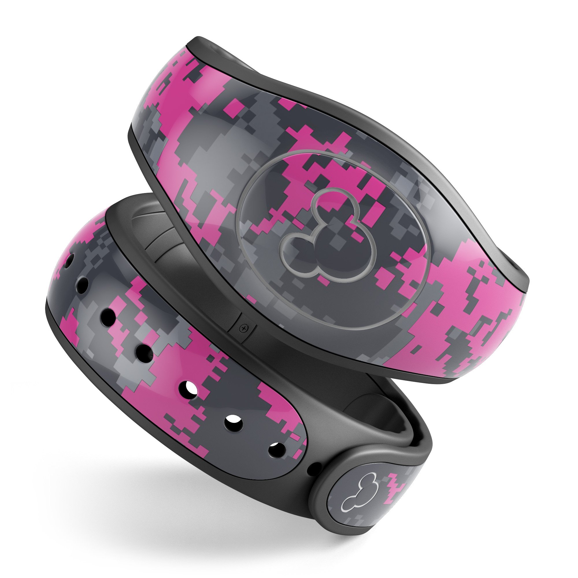 Hot Pink and Gray Digital Camouflage Decal Skin Wrap Kit for Disney Magic Band, showcasing vibrant colors and unique camouflage pattern.