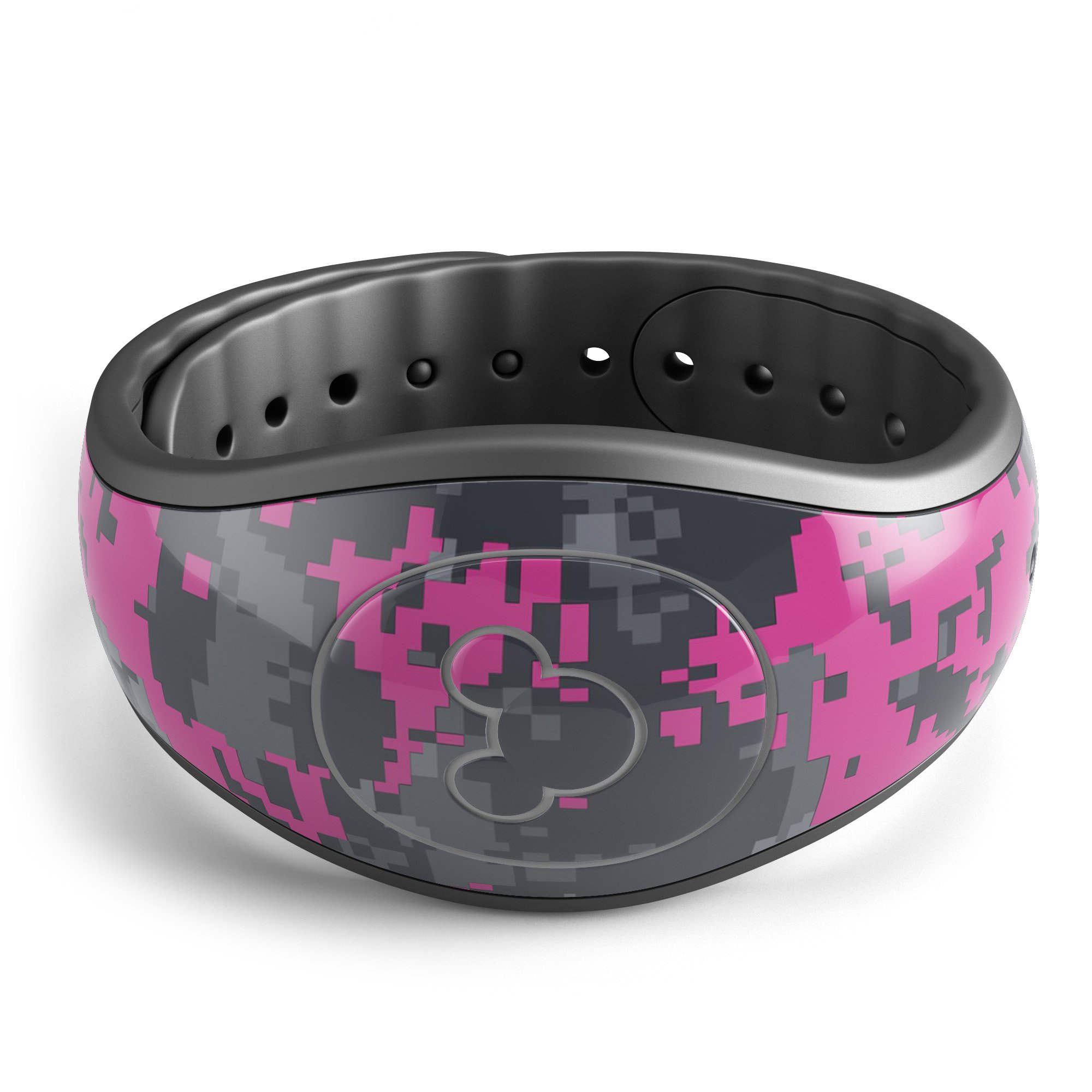 Hot Pink and Gray Digital Camouflage Decal Skin Wrap Kit for Disney Magic Band, showcasing vibrant colors and unique camouflage pattern.