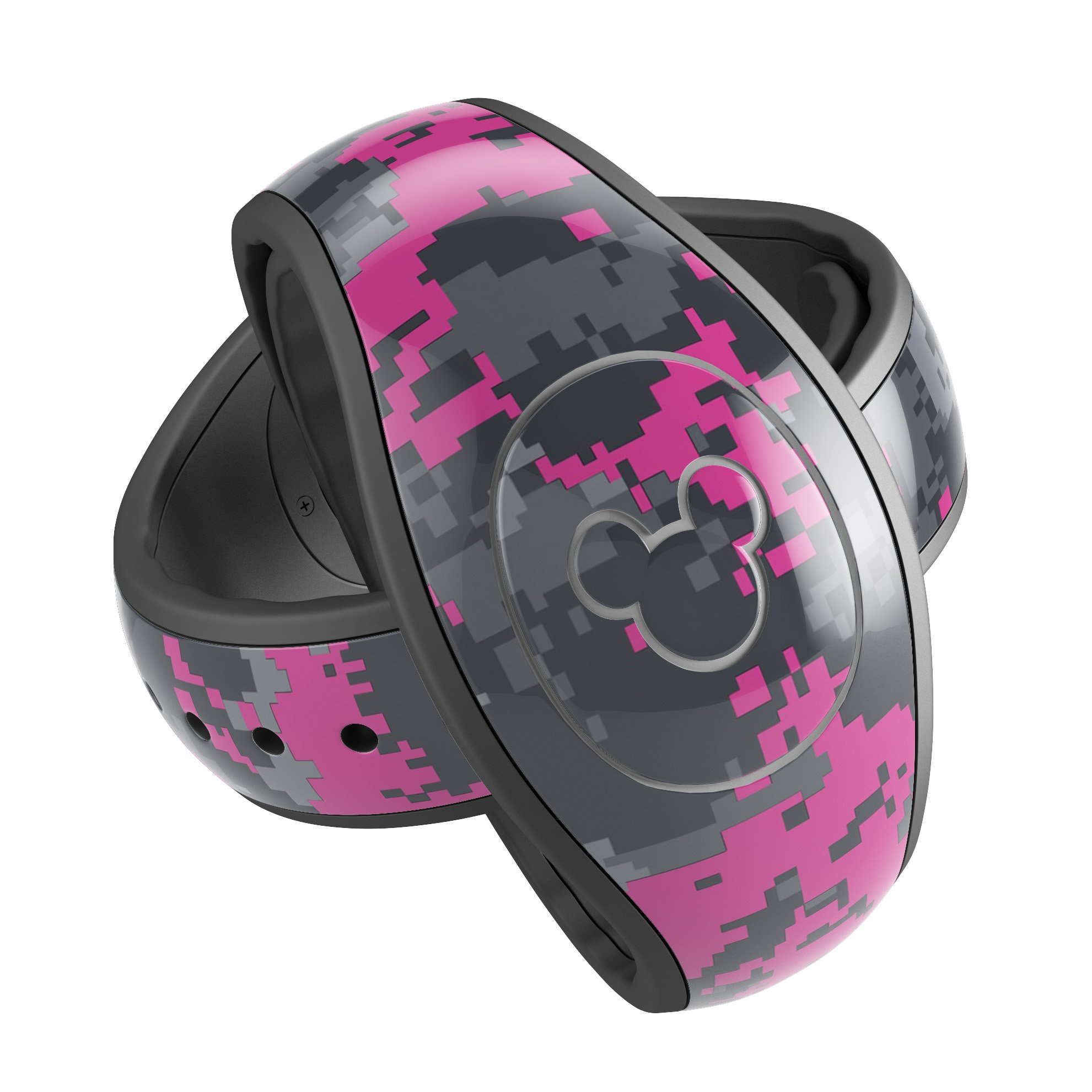 Hot Pink and Gray Digital Camouflage Decal Skin Wrap Kit for Disney Magic Band, showcasing vibrant colors and unique camouflage pattern.