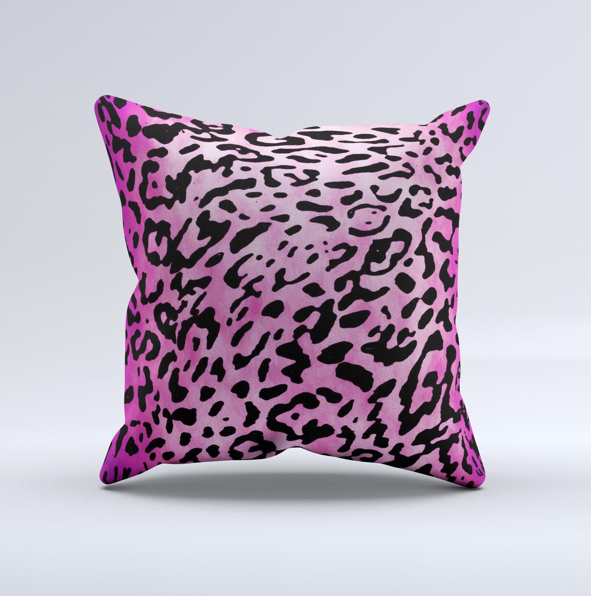 Hot pink cheetah print decorative throw pillow with a soft texture, handcrafted in Virginia, showcasing unique ink-fuzed graphics.