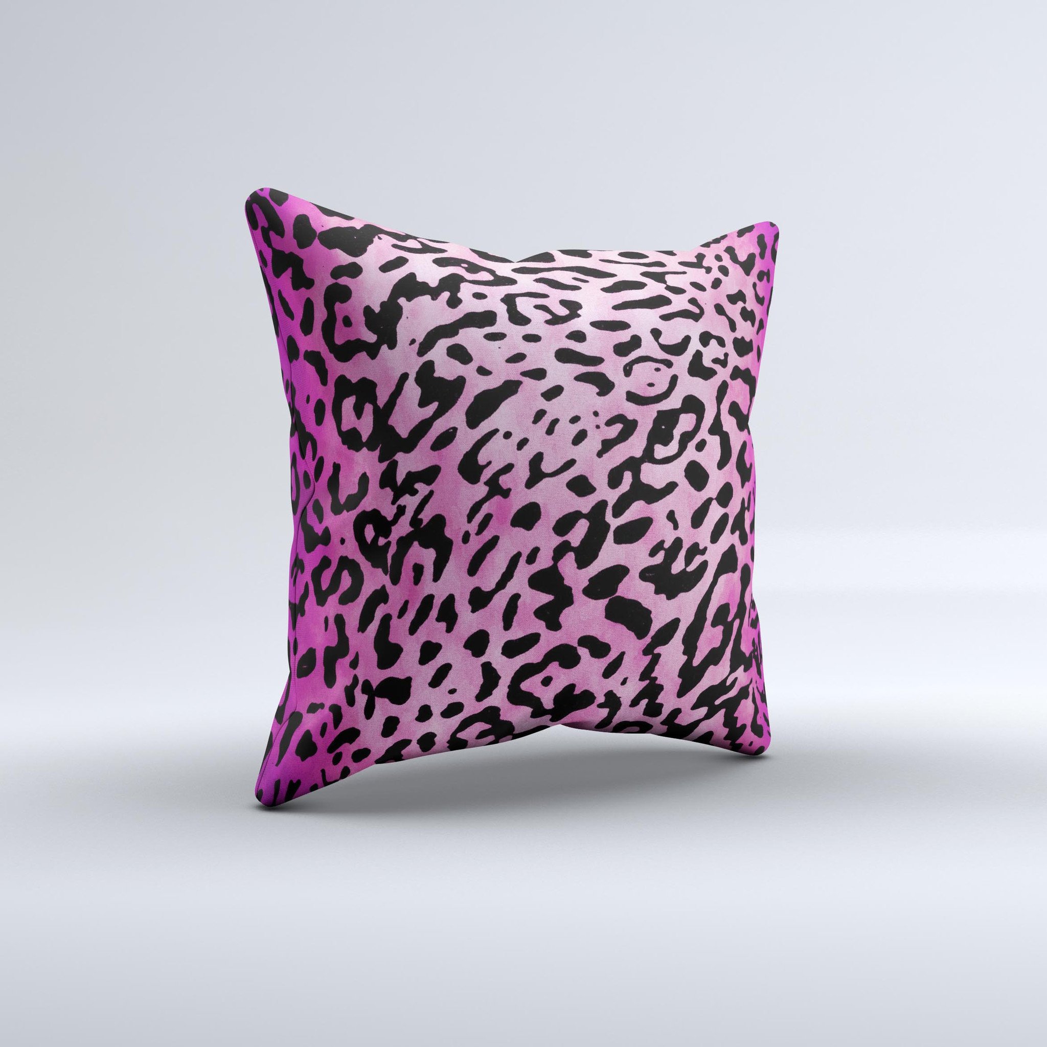 Hot pink cheetah print decorative throw pillow with a soft texture, handcrafted in Virginia, showcasing unique ink-fuzed graphics.