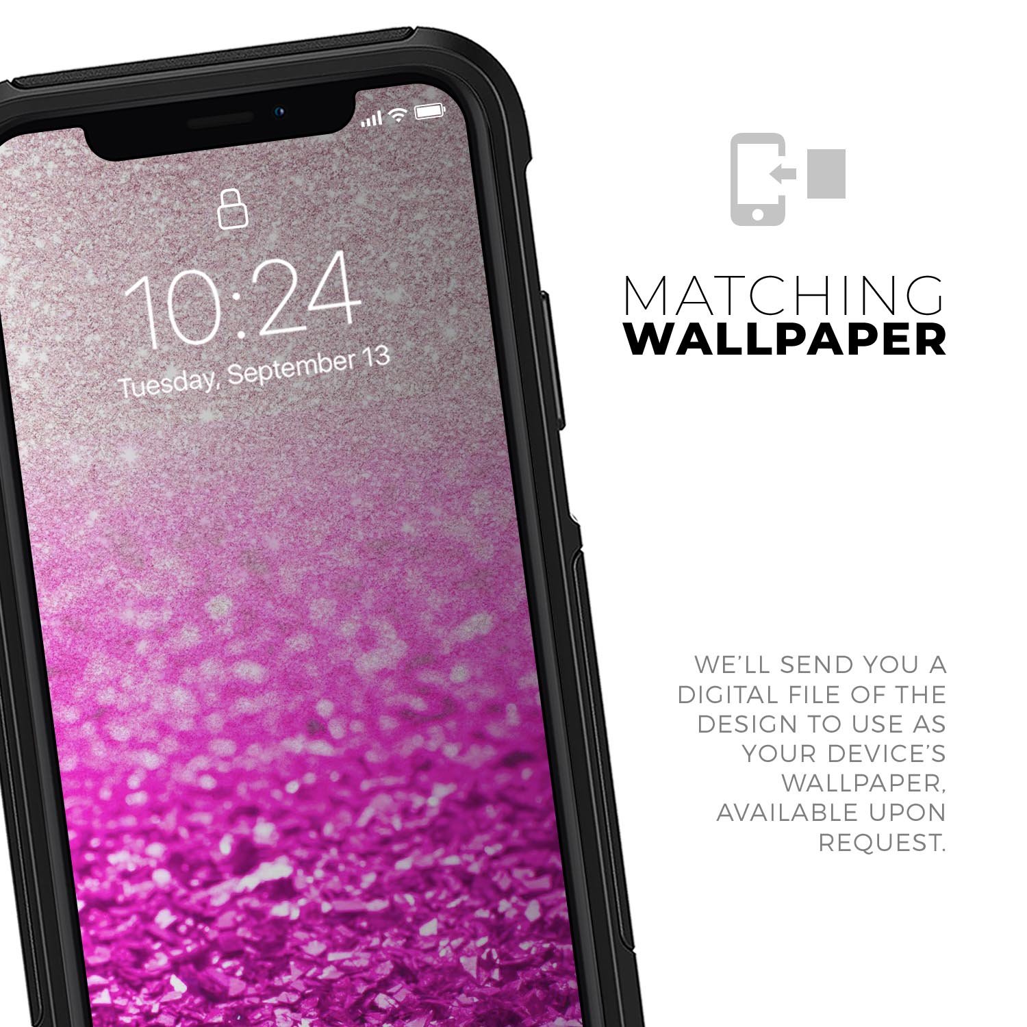 Phone with pink glitter wallpaper.