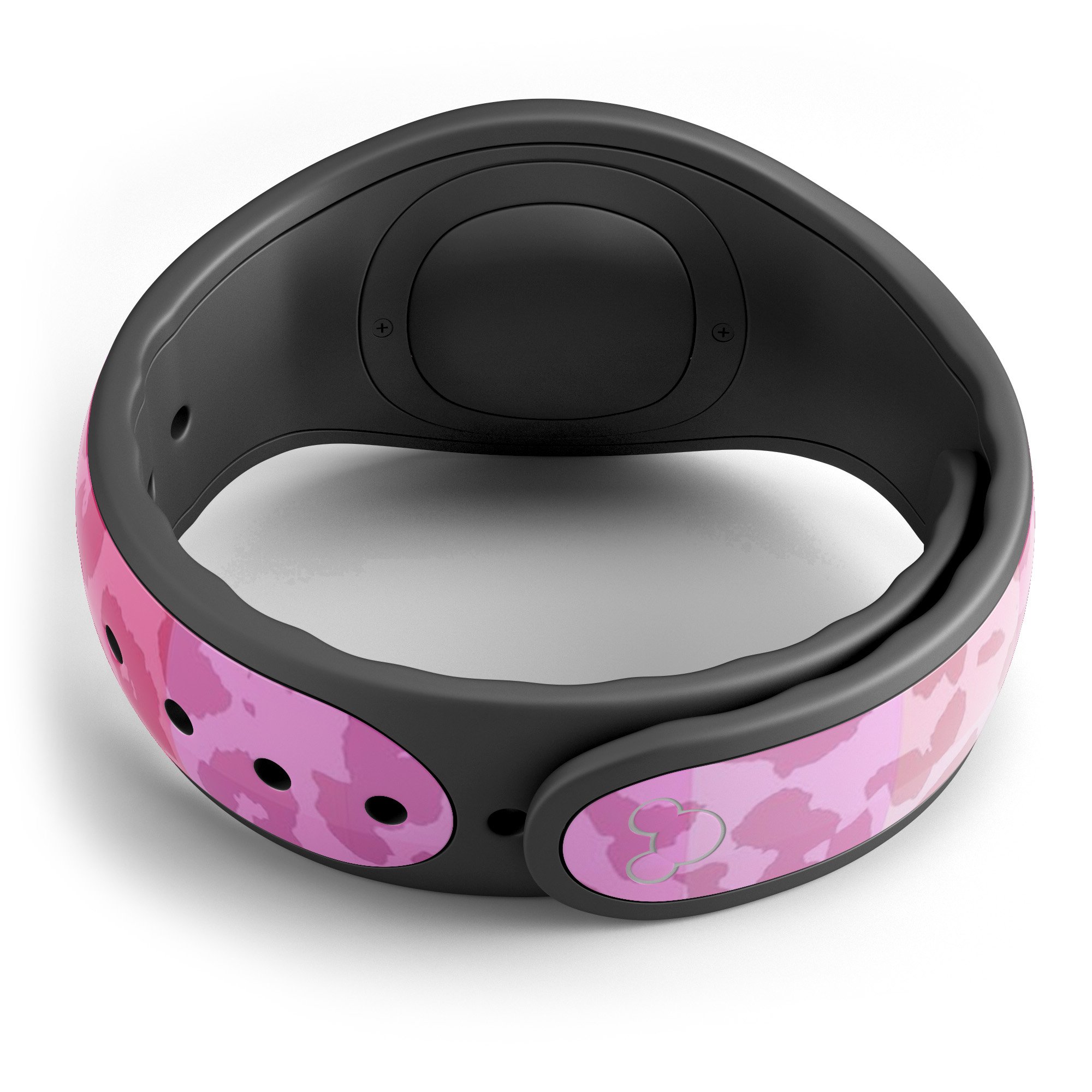 Pink camo-patterned electronic wristband.