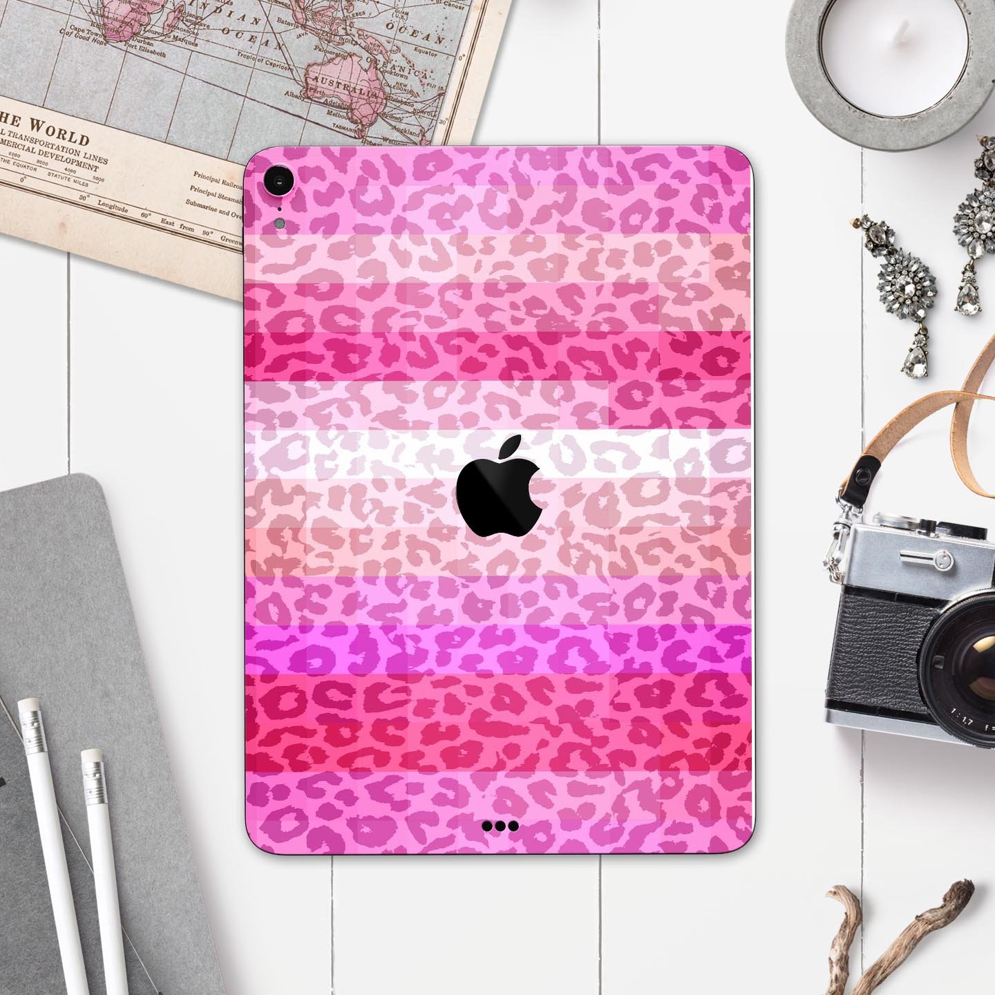 Hot Pink Striped Cheetah Print Full Body Skin Decal for Apple devices, showcasing vibrant colors and stylish design.