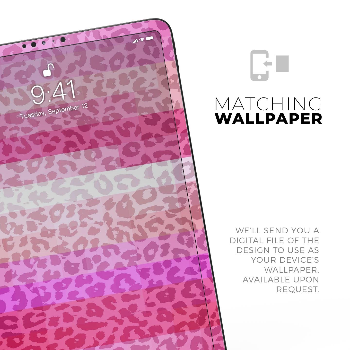 Smartphone with pink leopard wallpaper.