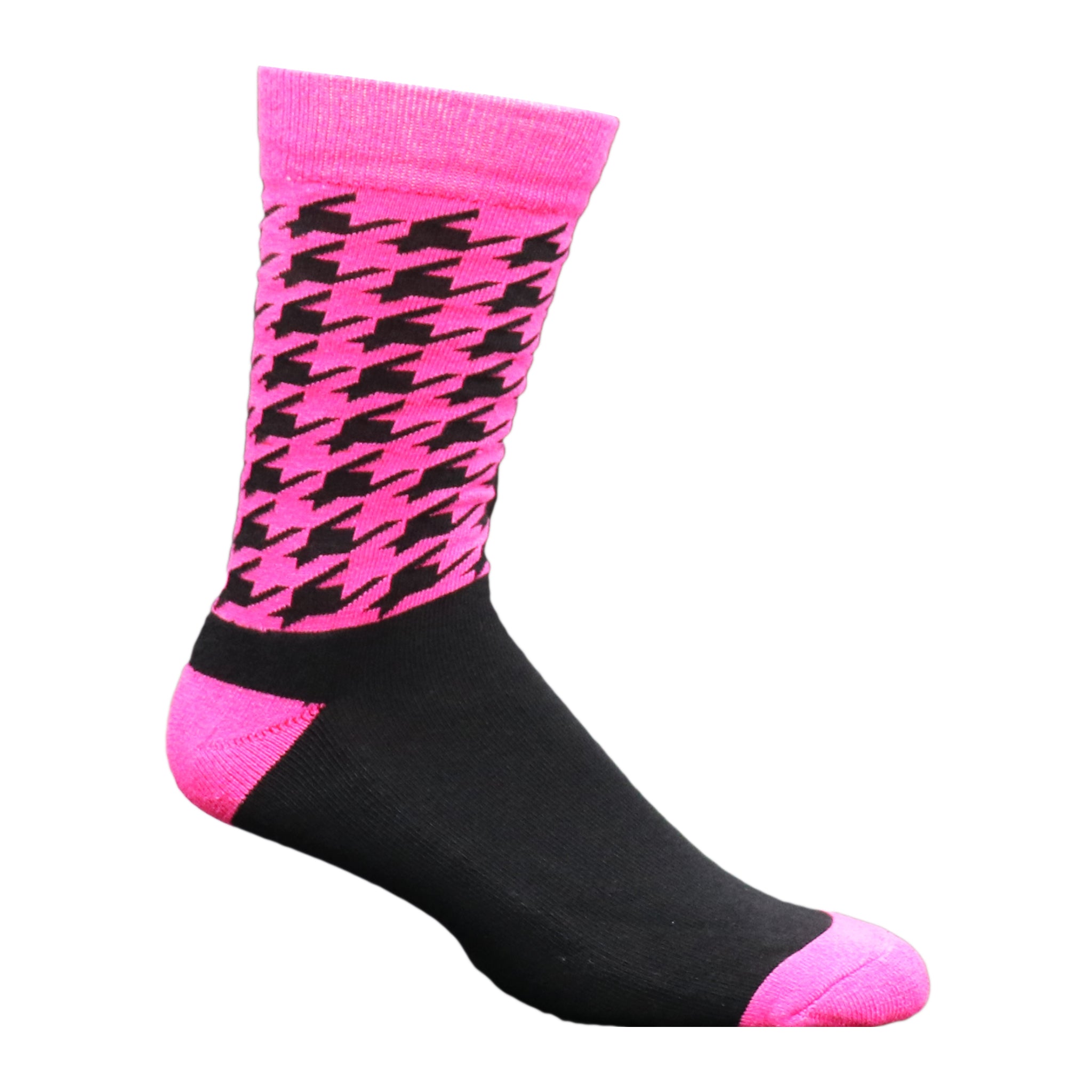 Neon Blue Houndstooth Dress Crew Socks featuring a stylish houndstooth pattern in black and cyan, perfect for unisex adult wear.