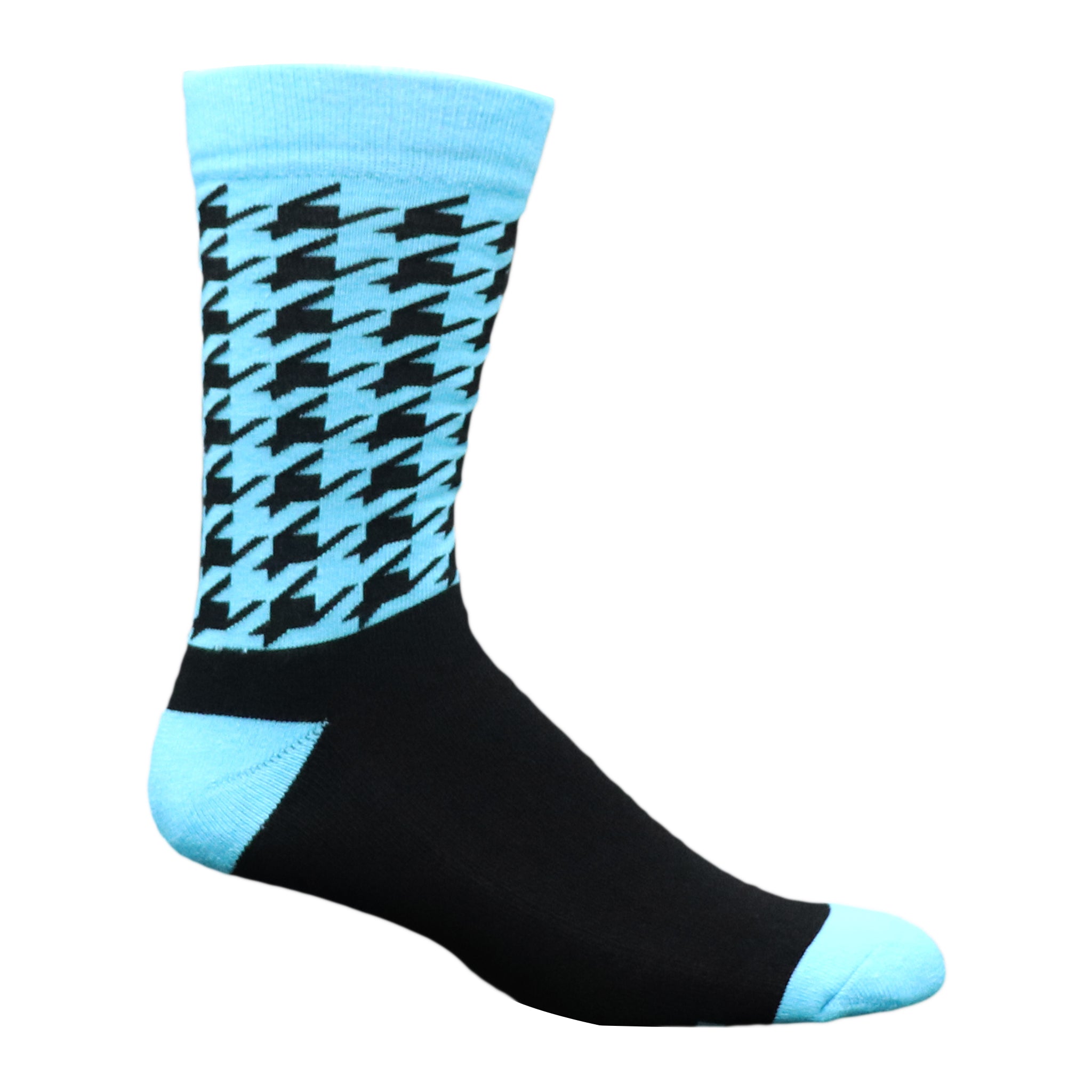 Neon Blue Houndstooth Dress Crew Socks featuring a stylish houndstooth pattern in black and cyan, perfect for unisex adult wear.