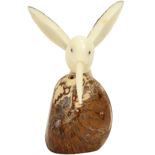 Handcrafted Humming Bird figurine with brown wings made from tagua nut, showcasing intricate details and natural beauty.