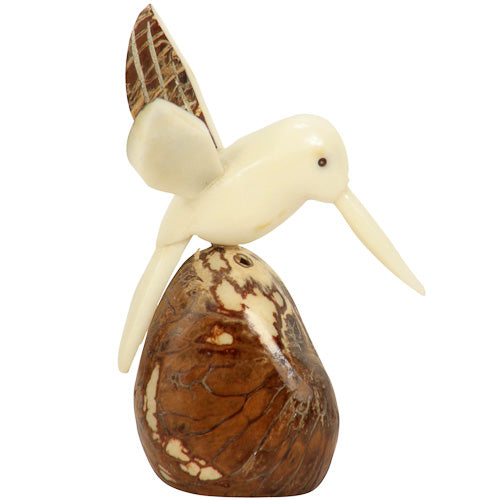 Handcrafted Humming Bird figurine with brown wings made from tagua nut, showcasing intricate details and natural beauty.