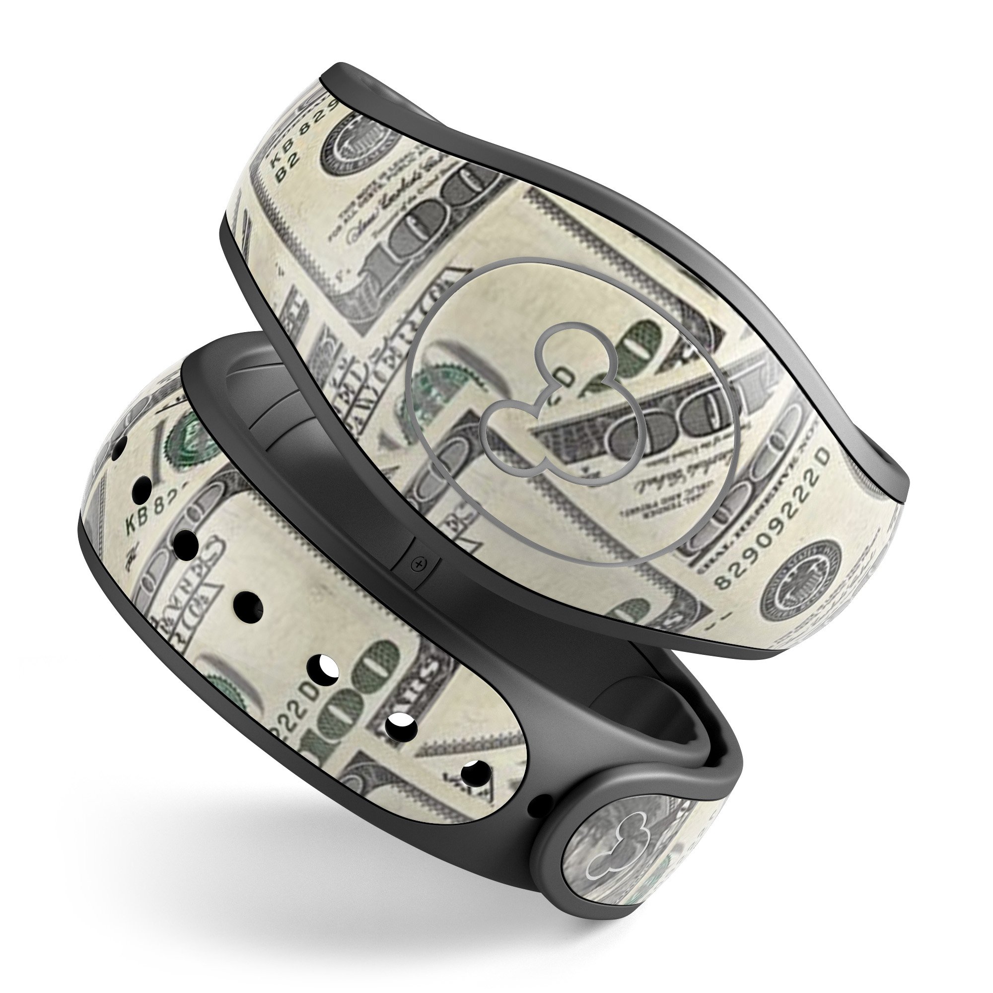 Hundred Dollar Bill decal skin wrap kit for Disney Magic Band, showcasing a vibrant design with a money theme.