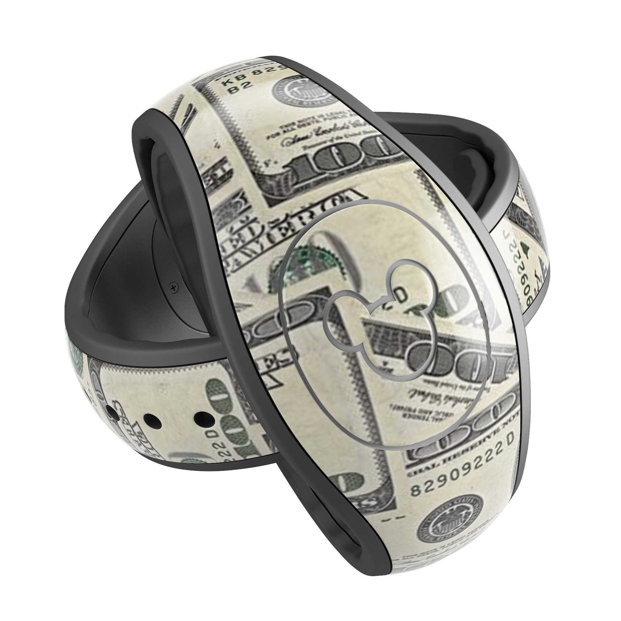 Hundred Dollar Bill decal skin wrap kit for Disney Magic Band, showcasing a vibrant design with a money theme.